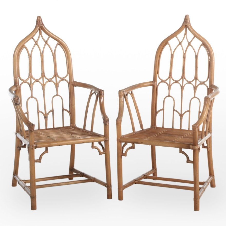 Pair of Gothic Style Rattan Armchairs in the Manner of McGuire