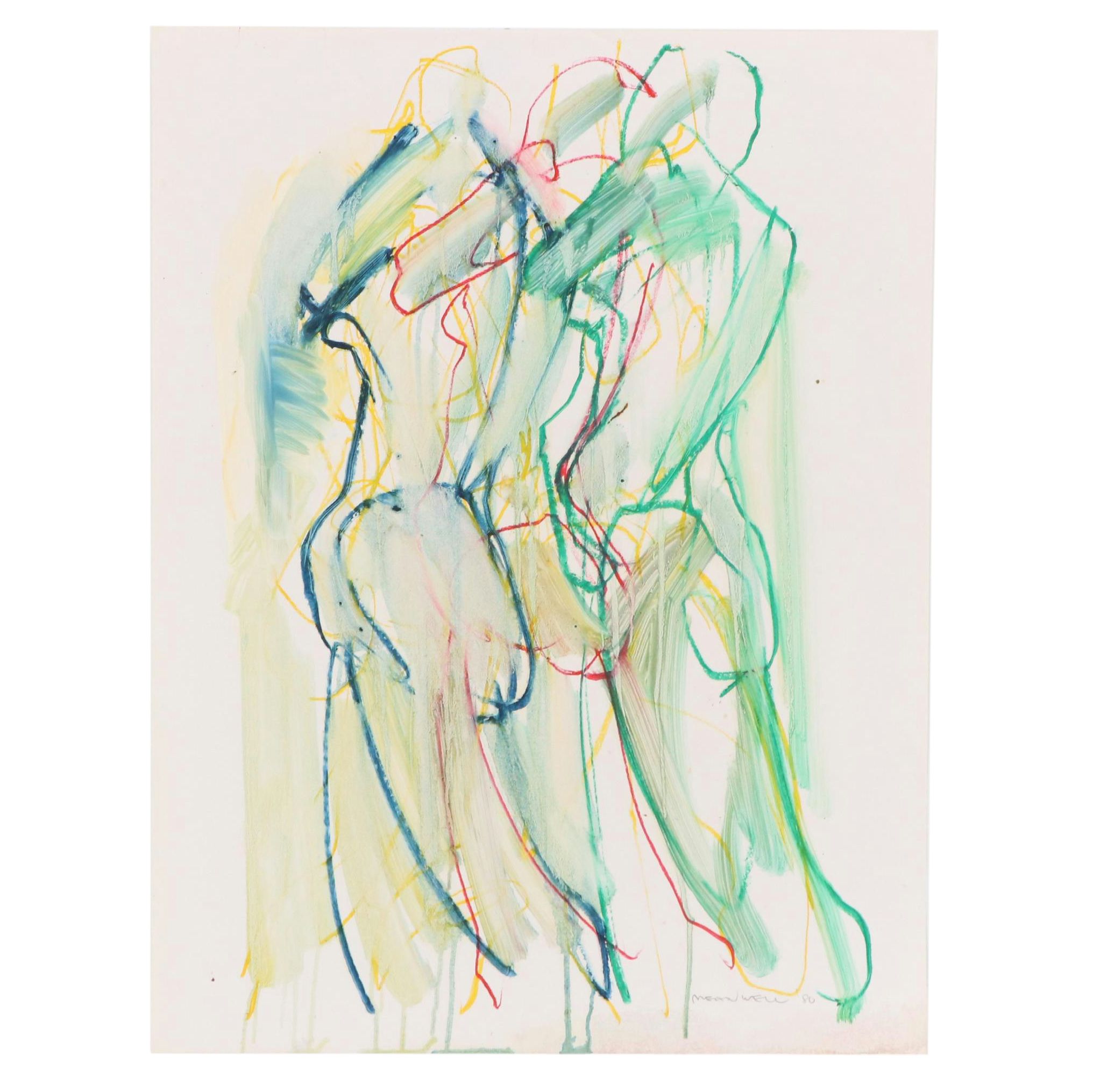 Jack Meanwell Modern Figural Oil  Pastel Drawing, 1980