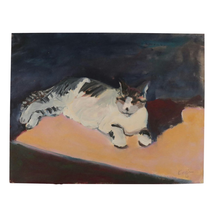 Deborah Kriger Oil Painting of Sleeping Cat, Late 20th Century
