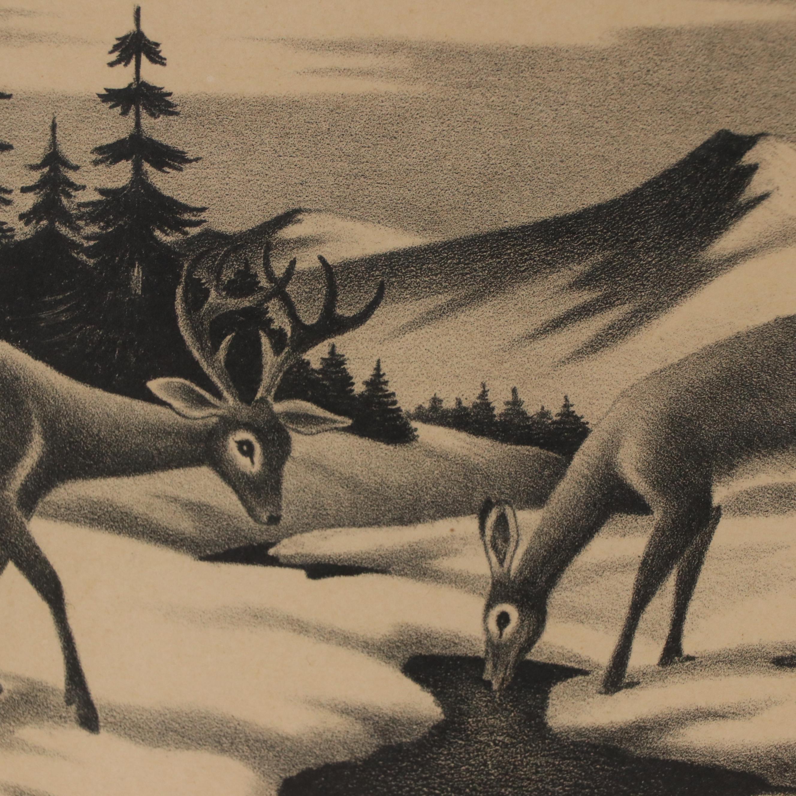 Russell Sherman Wildlife Lithograph and WPA Style Cityscape Drawing