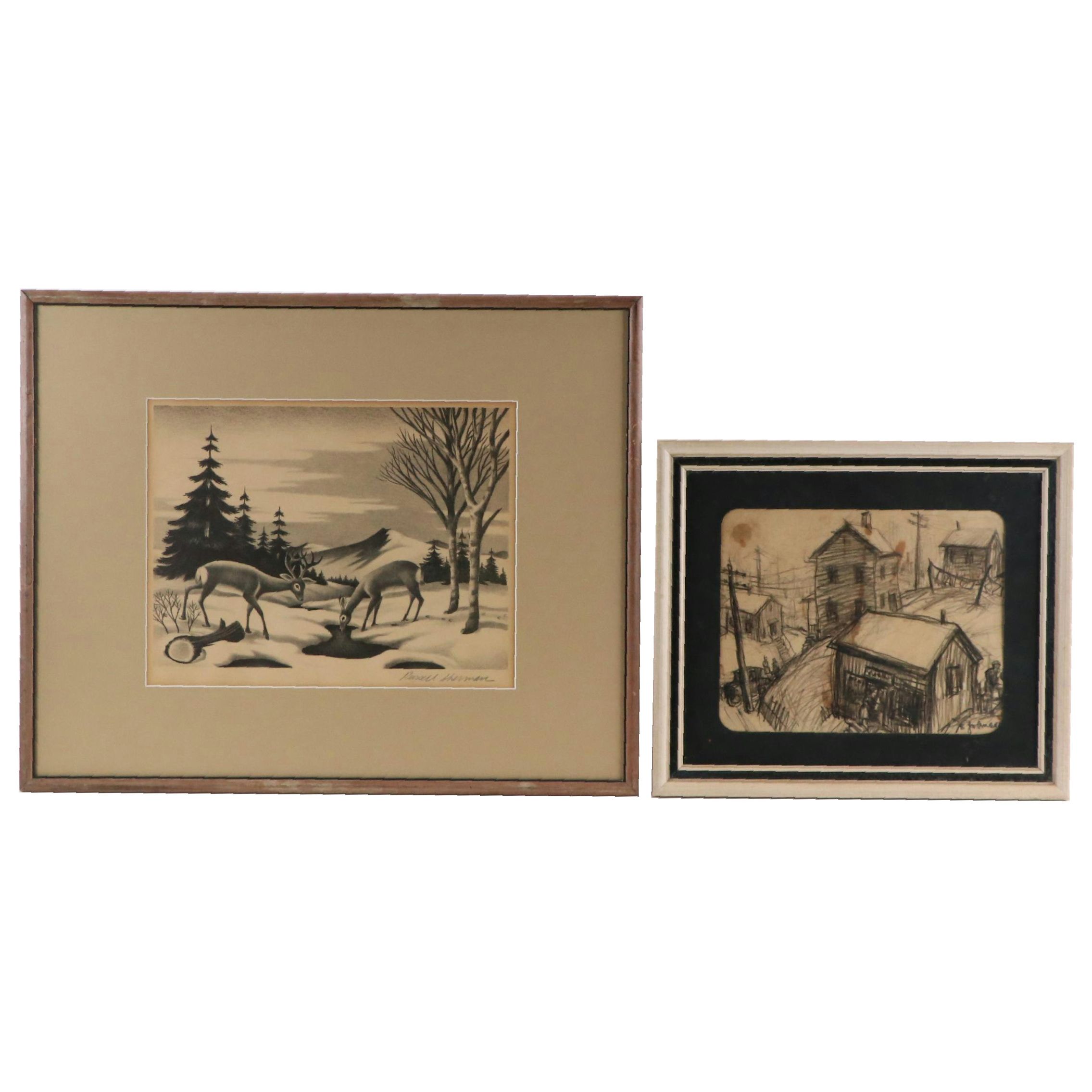 Russell Sherman Wildlife Lithograph and WPA Style Cityscape Drawing