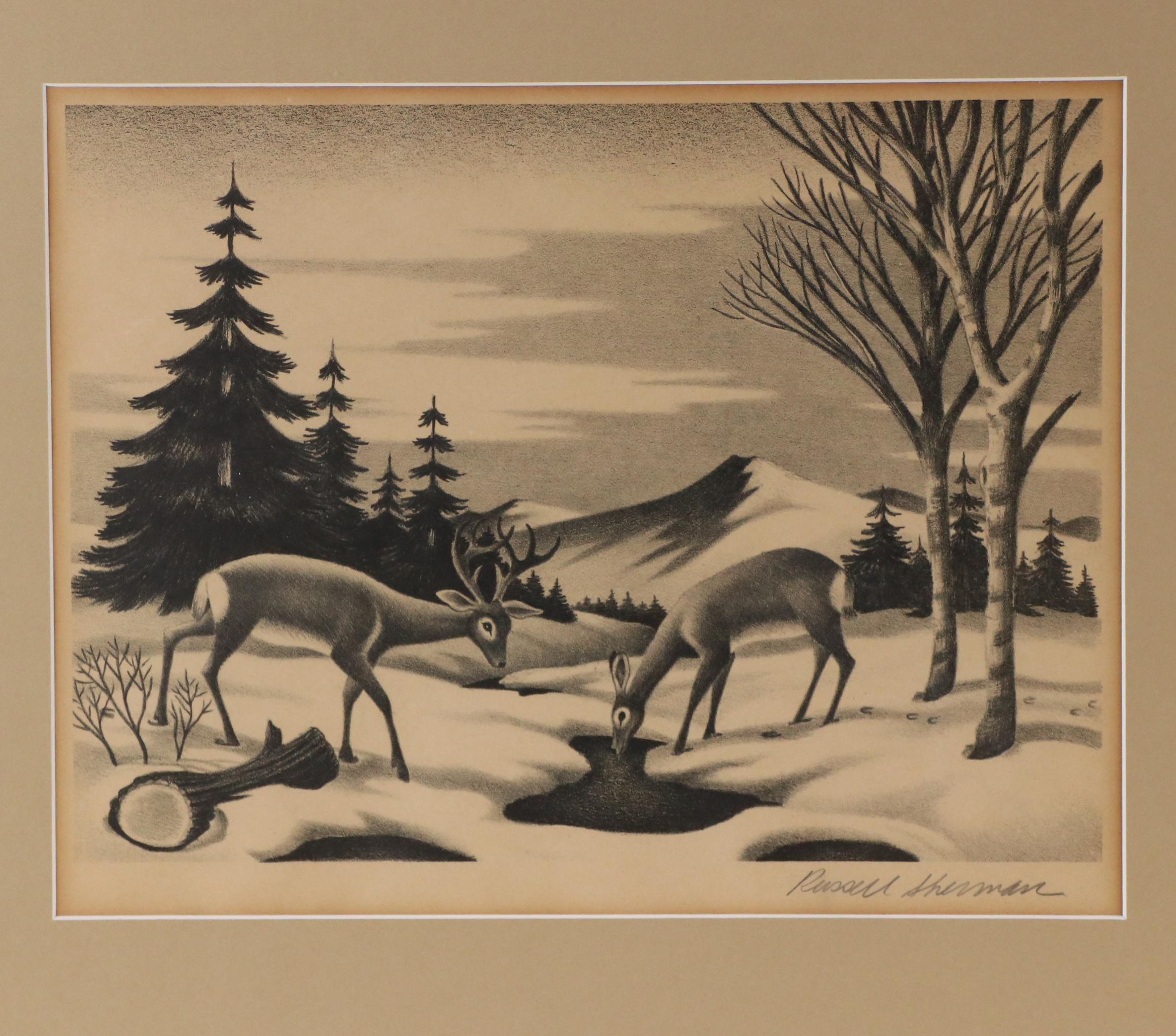 Russell Sherman Wildlife Lithograph and WPA Style Cityscape Drawing