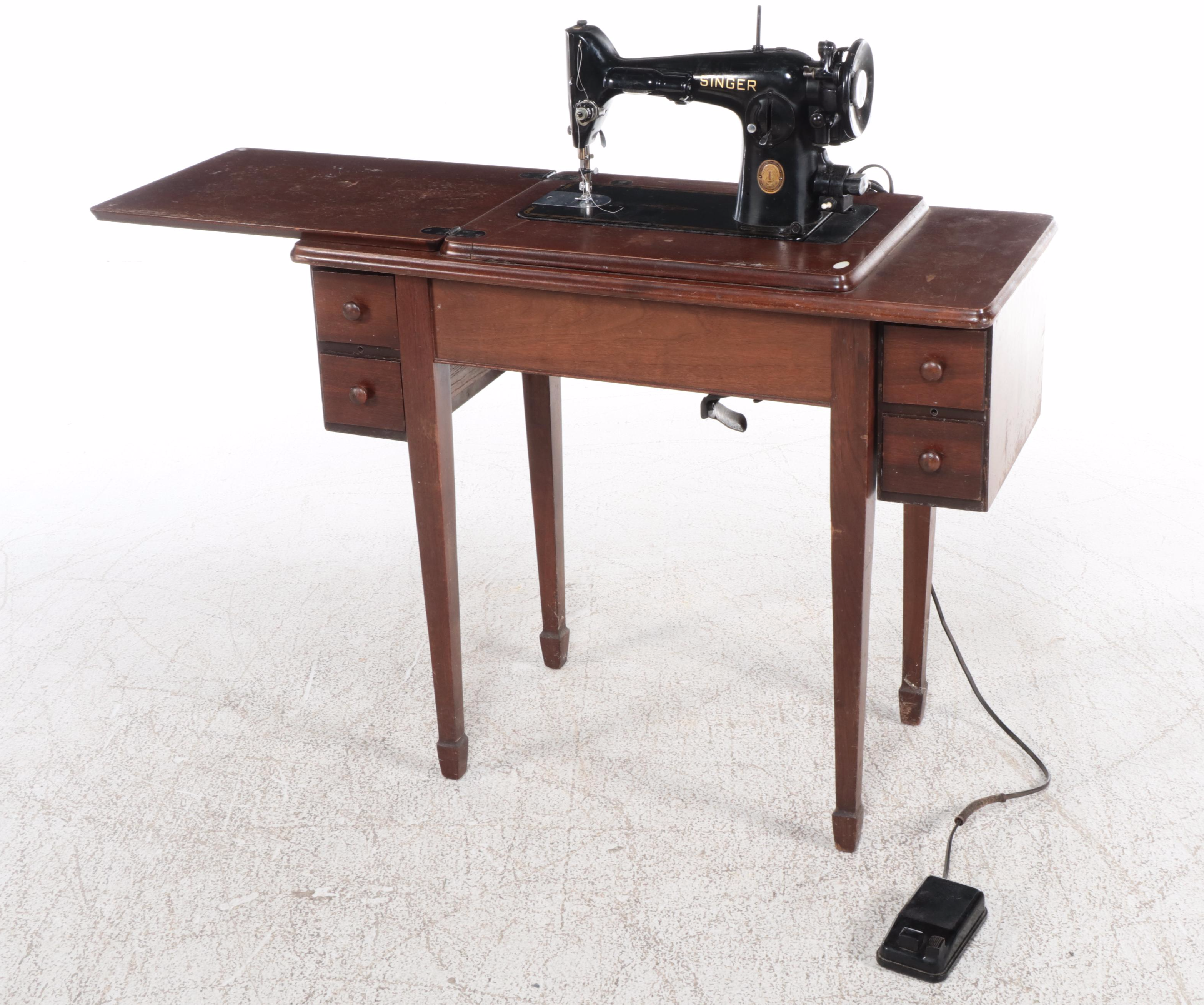 Singer Sewing Machine Model 201 with Wooden Sewing Table, 1952