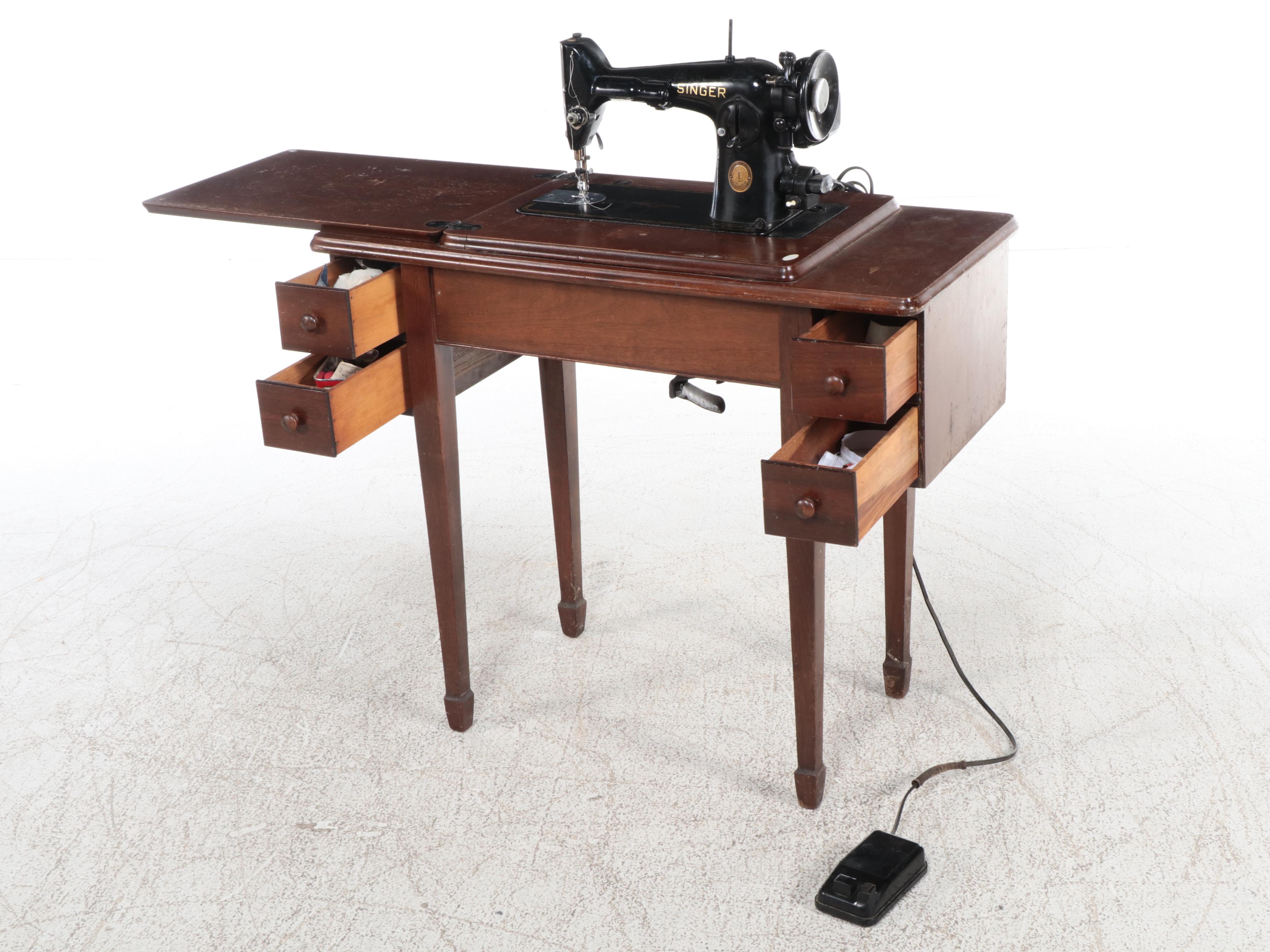 Singer Sewing Machine Model 201 with Wooden Sewing Table, 1952