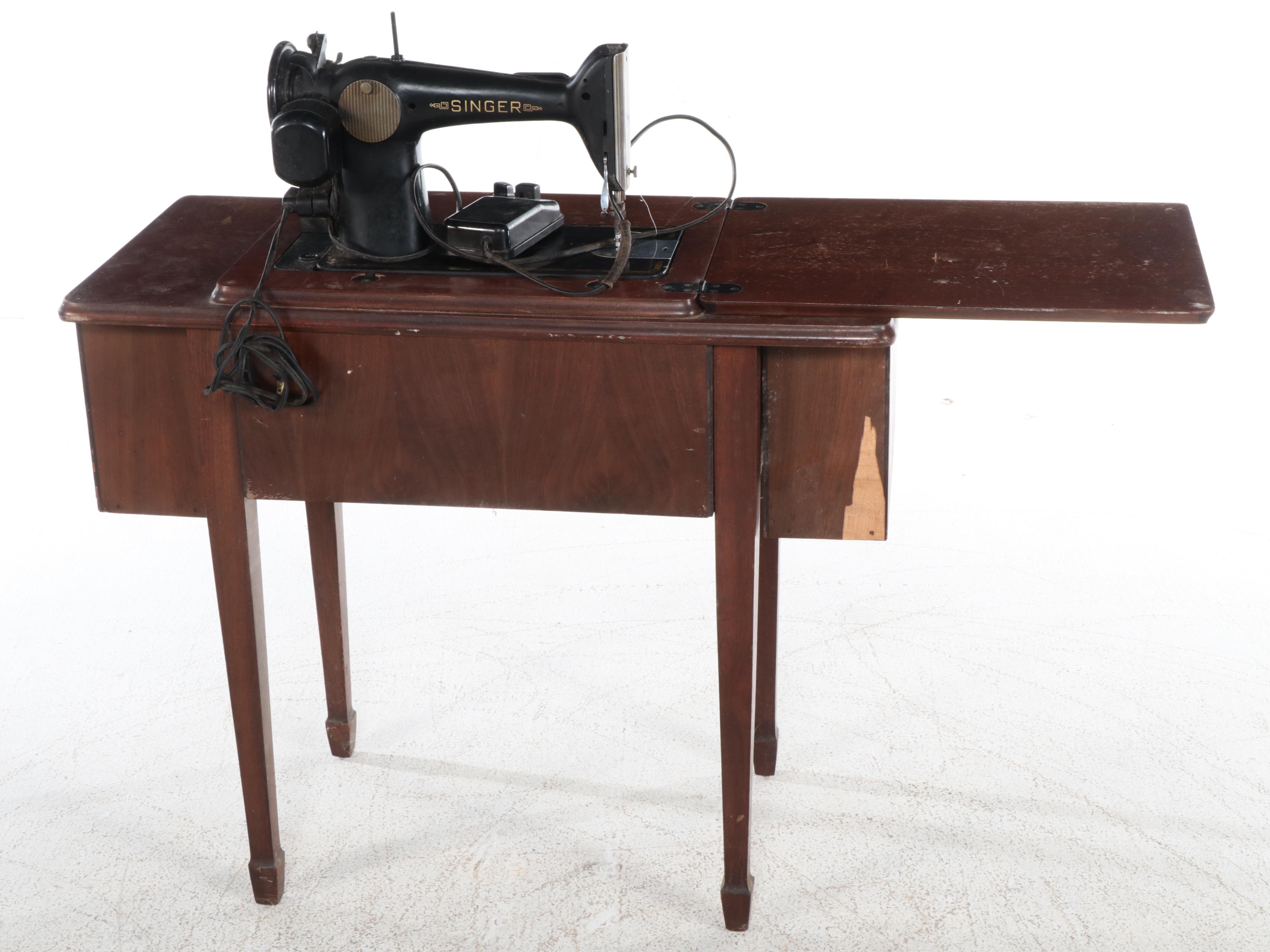Singer Sewing Machine Model 201 with Wooden Sewing Table, 1952