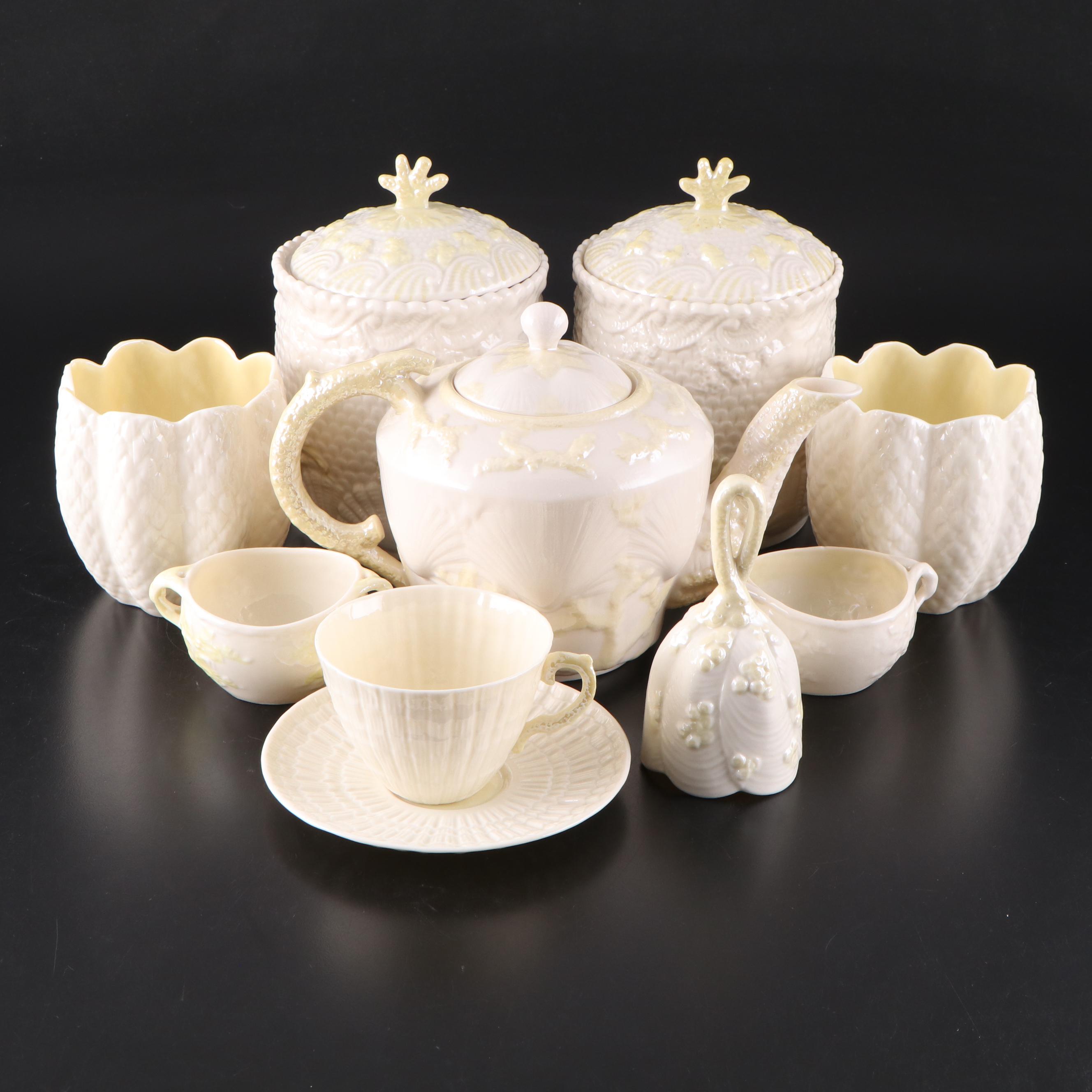 Belleek New Shell Yellow Porcelain Teapot, Biscuit Jars, Vases, Bell and More