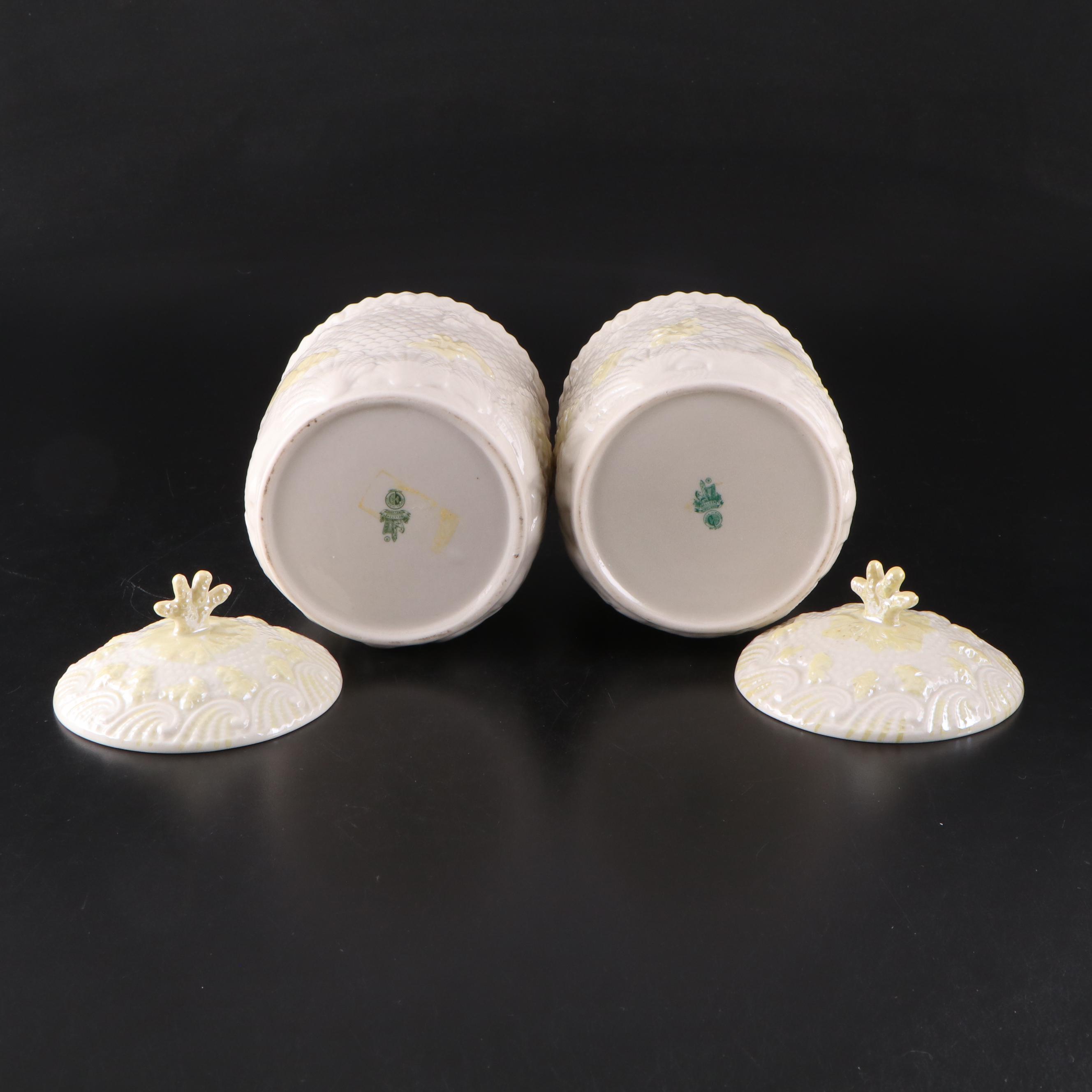 Belleek New Shell Yellow Porcelain Teapot, Biscuit Jars, Vases, Bell and More