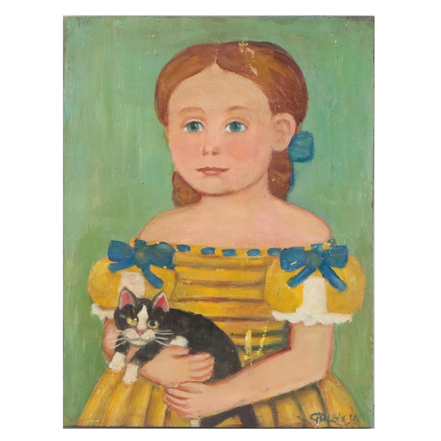 American Itinerant Style Folk Painting of Girl Holding Cat