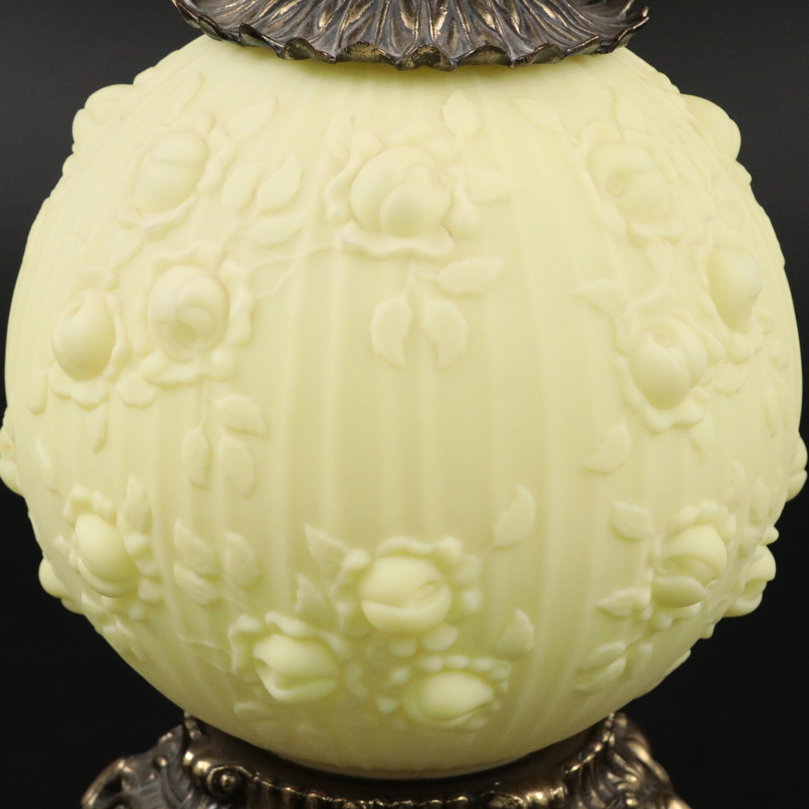 Fenton Burmese Glass "Embossed Roses" Gone with the Wind Style Lamp, 1971 - 1973