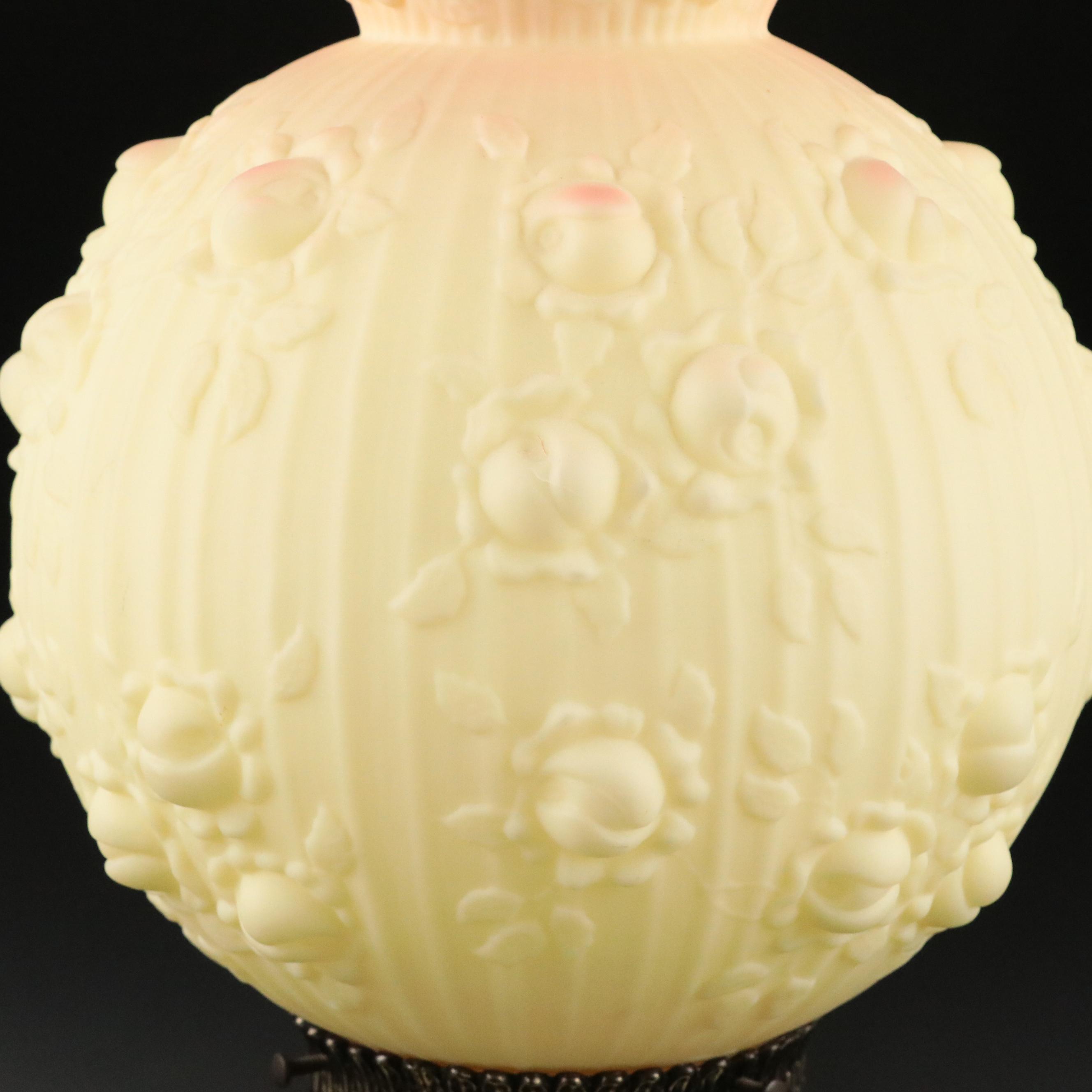 Fenton Burmese Glass "Embossed Roses" Gone with the Wind Style Lamp, 1971 - 1973