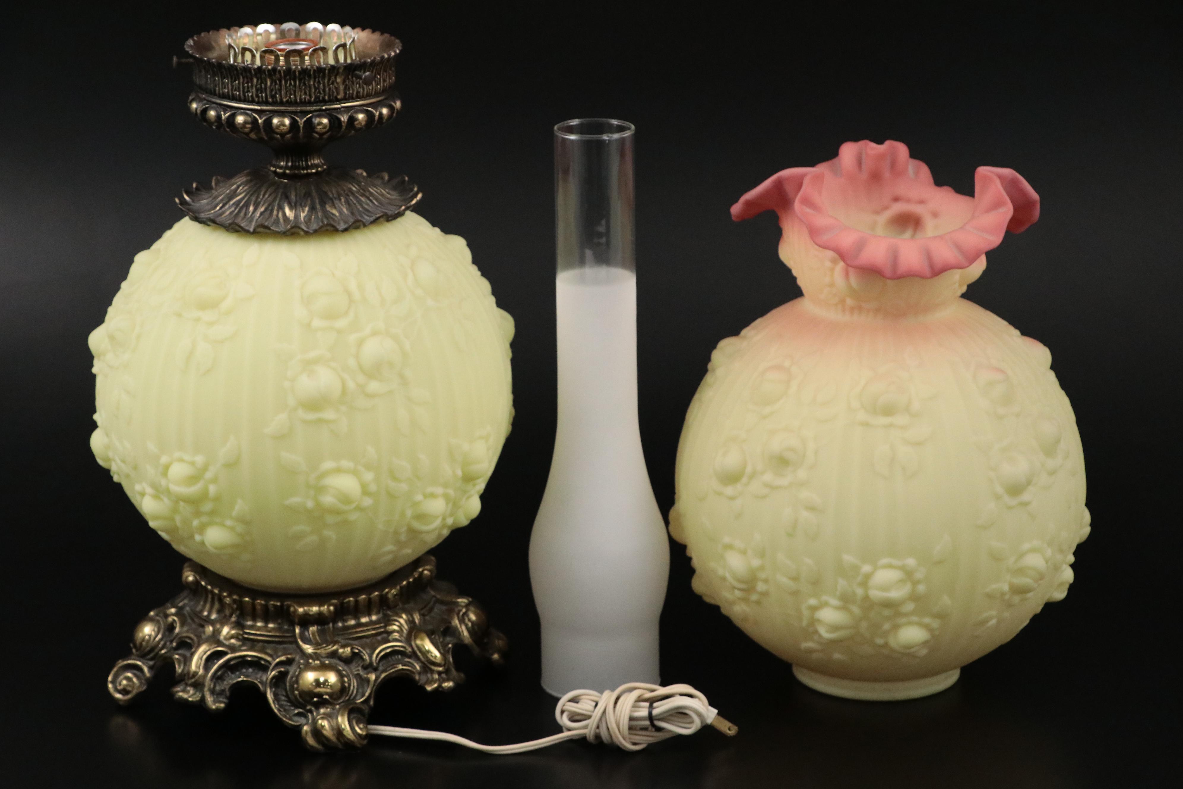 Fenton Burmese Glass "Embossed Roses" Gone with the Wind Style Lamp, 1971 - 1973