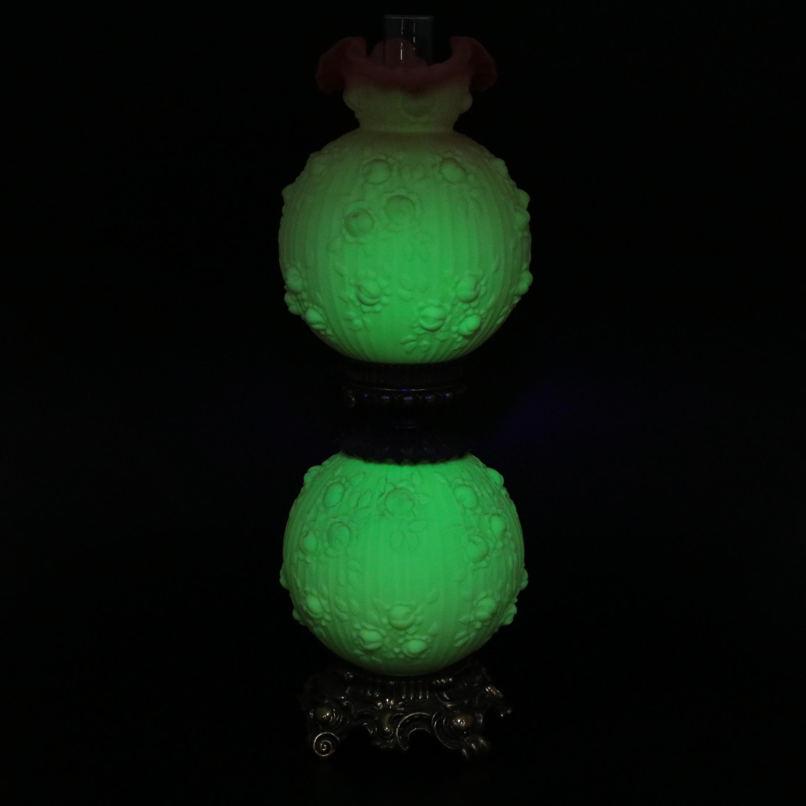 Fenton Burmese Glass "Embossed Roses" Gone with the Wind Style Lamp, 1971 - 1973