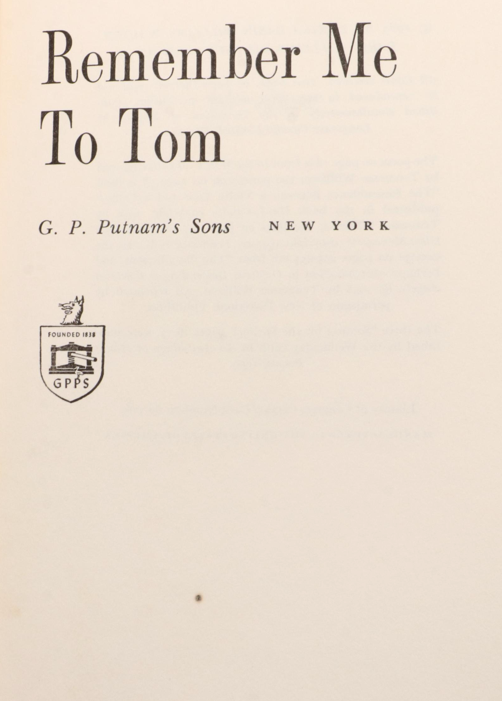 First Edition "Remember Me To Tom" by Edwina Dakin Williams, 1963