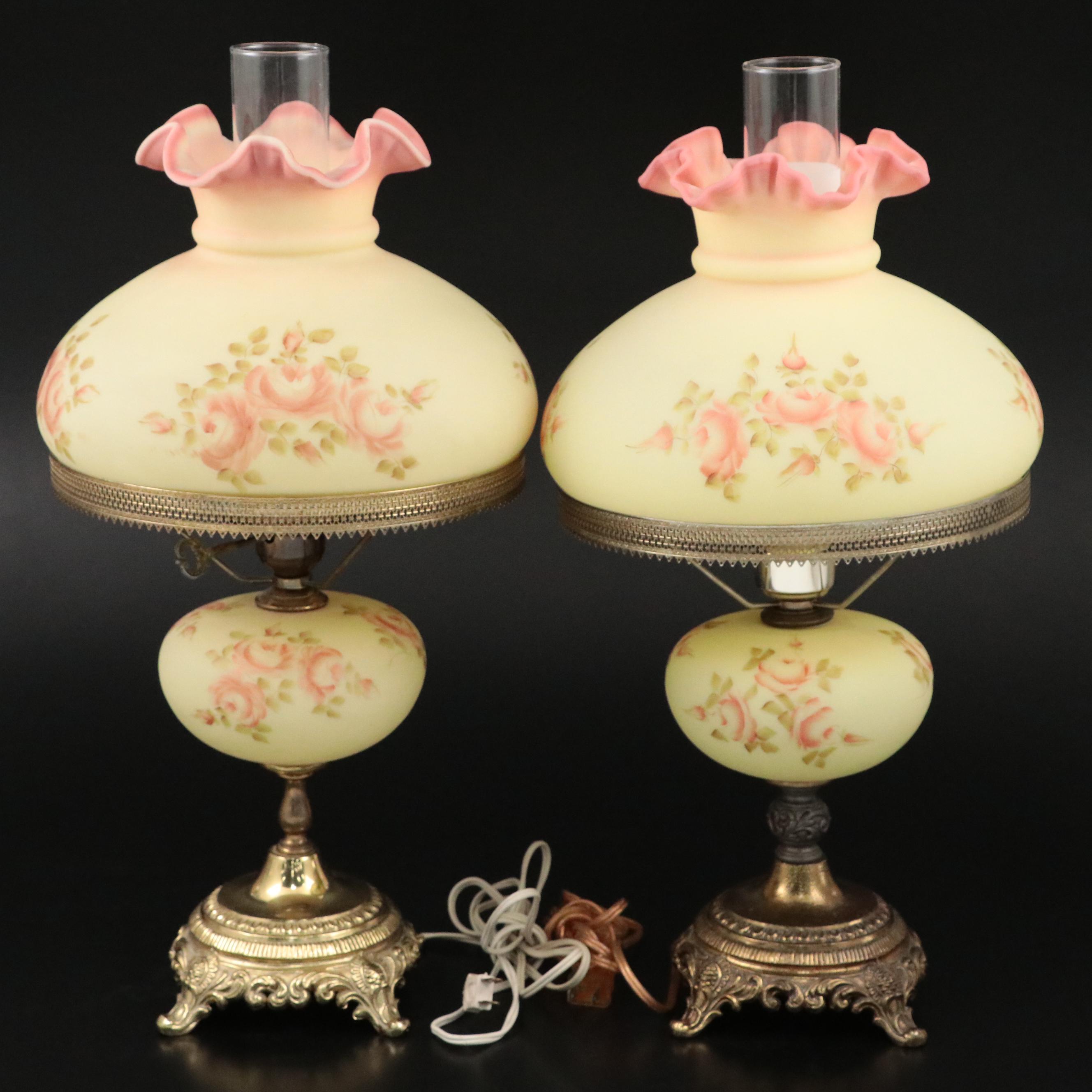 Fenton Burmese Hand-Painted Glass and Brass Student Lamps, Mid/ Late 20th C