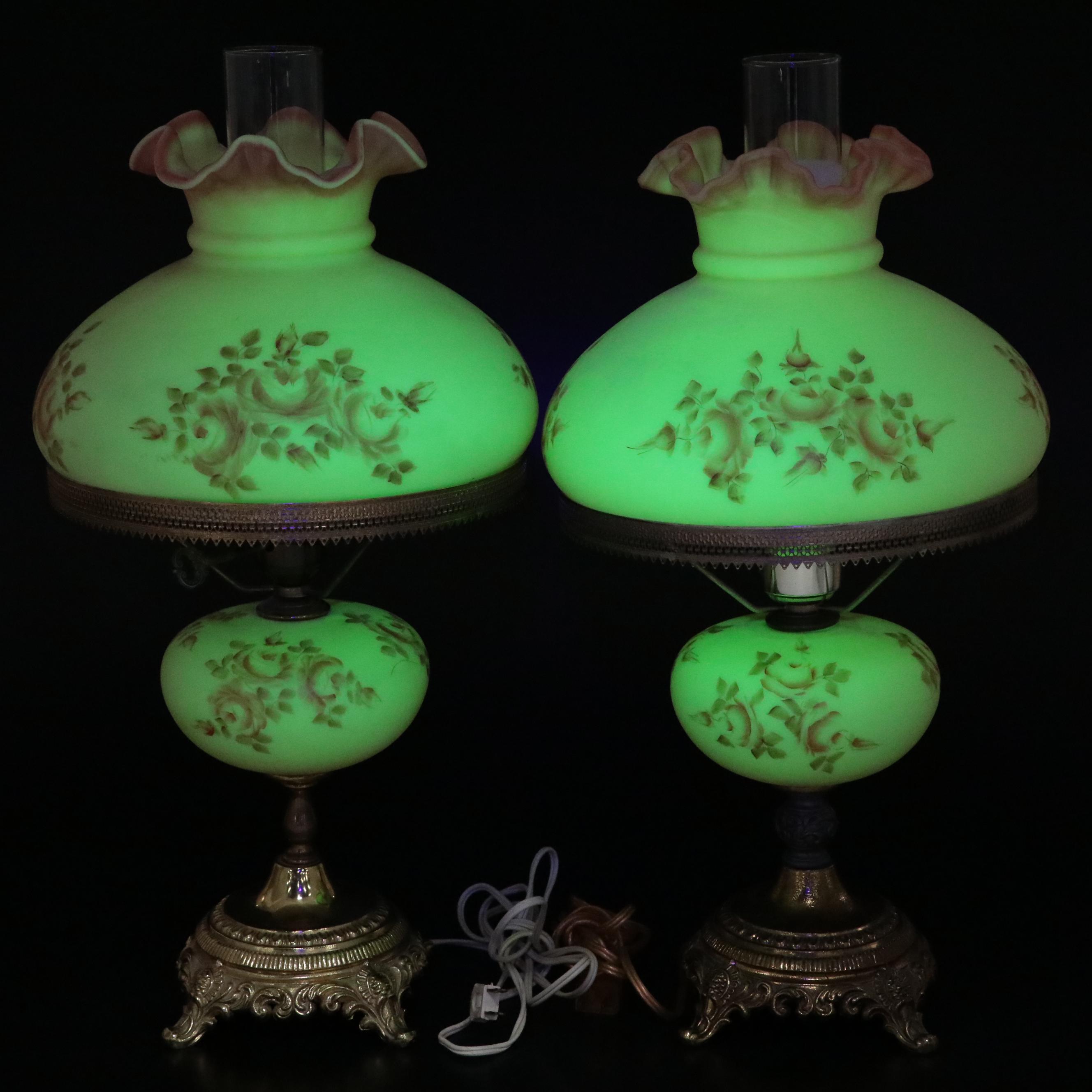 Fenton Burmese Hand-Painted Glass and Brass Student Lamps, Mid/ Late 20th C