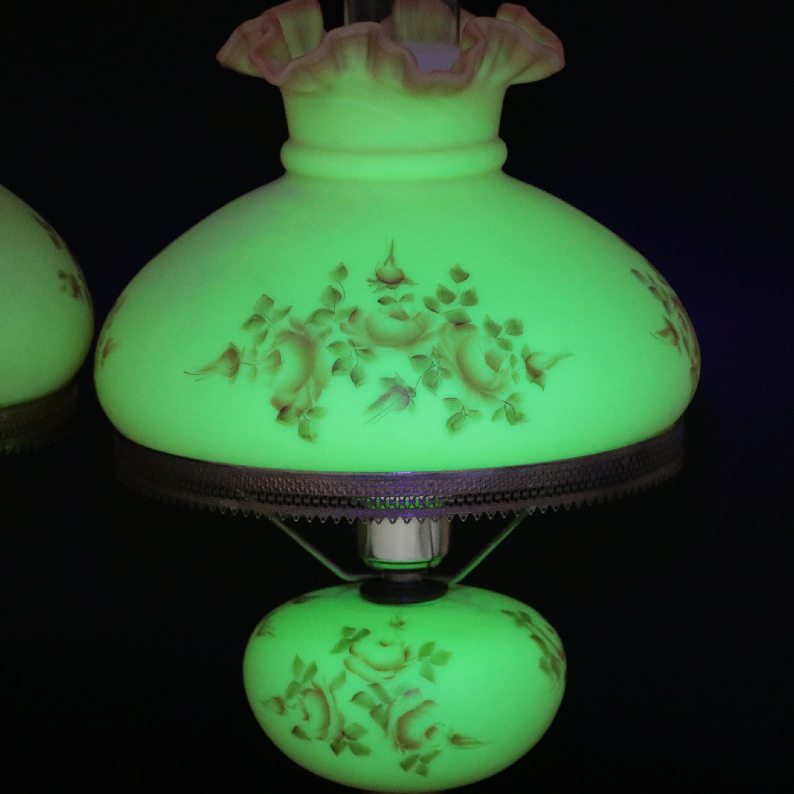 Fenton Burmese Hand-Painted Glass and Brass Student Lamps, Mid/ Late 20th C