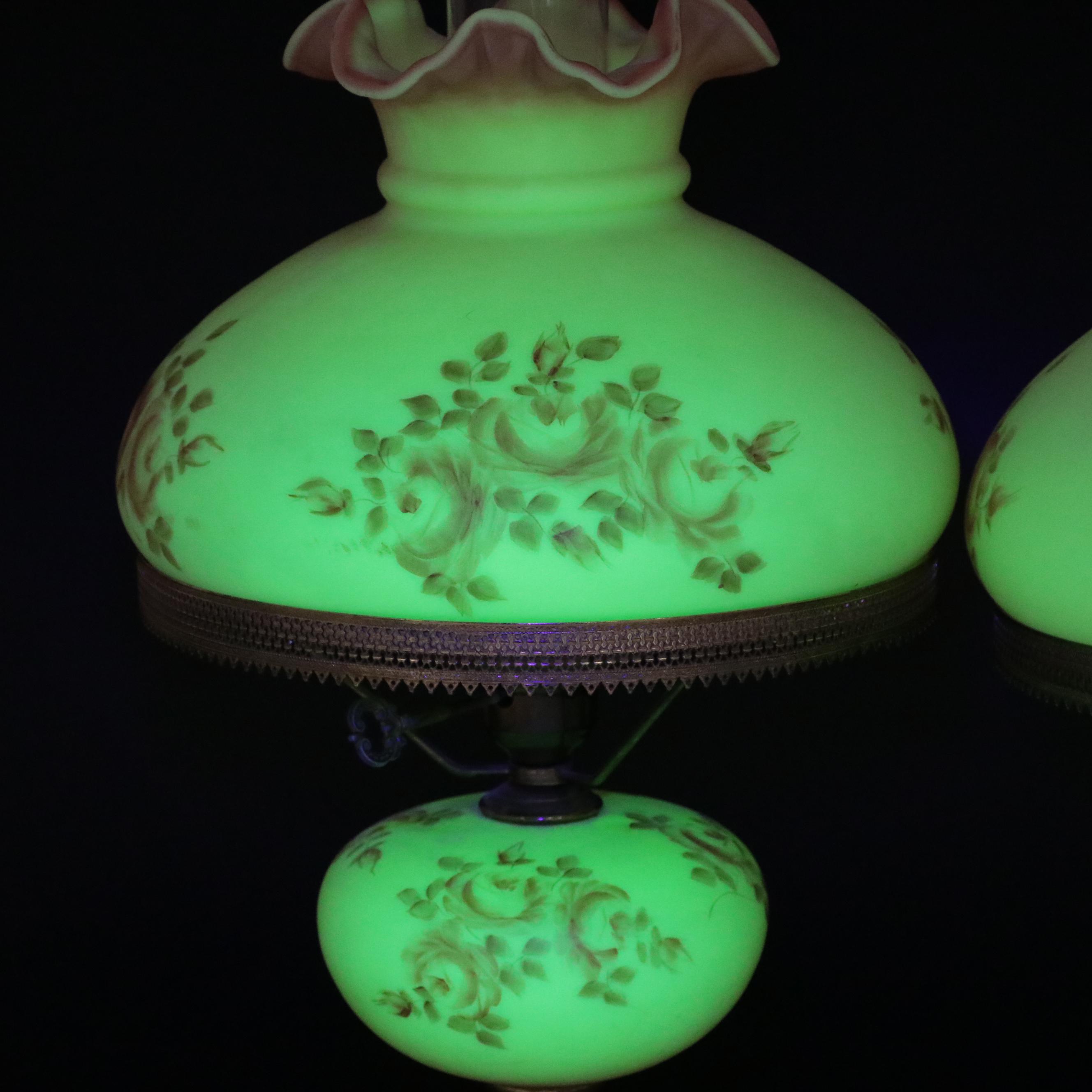 Fenton Burmese Hand-Painted Glass and Brass Student Lamps, Mid/ Late 20th C