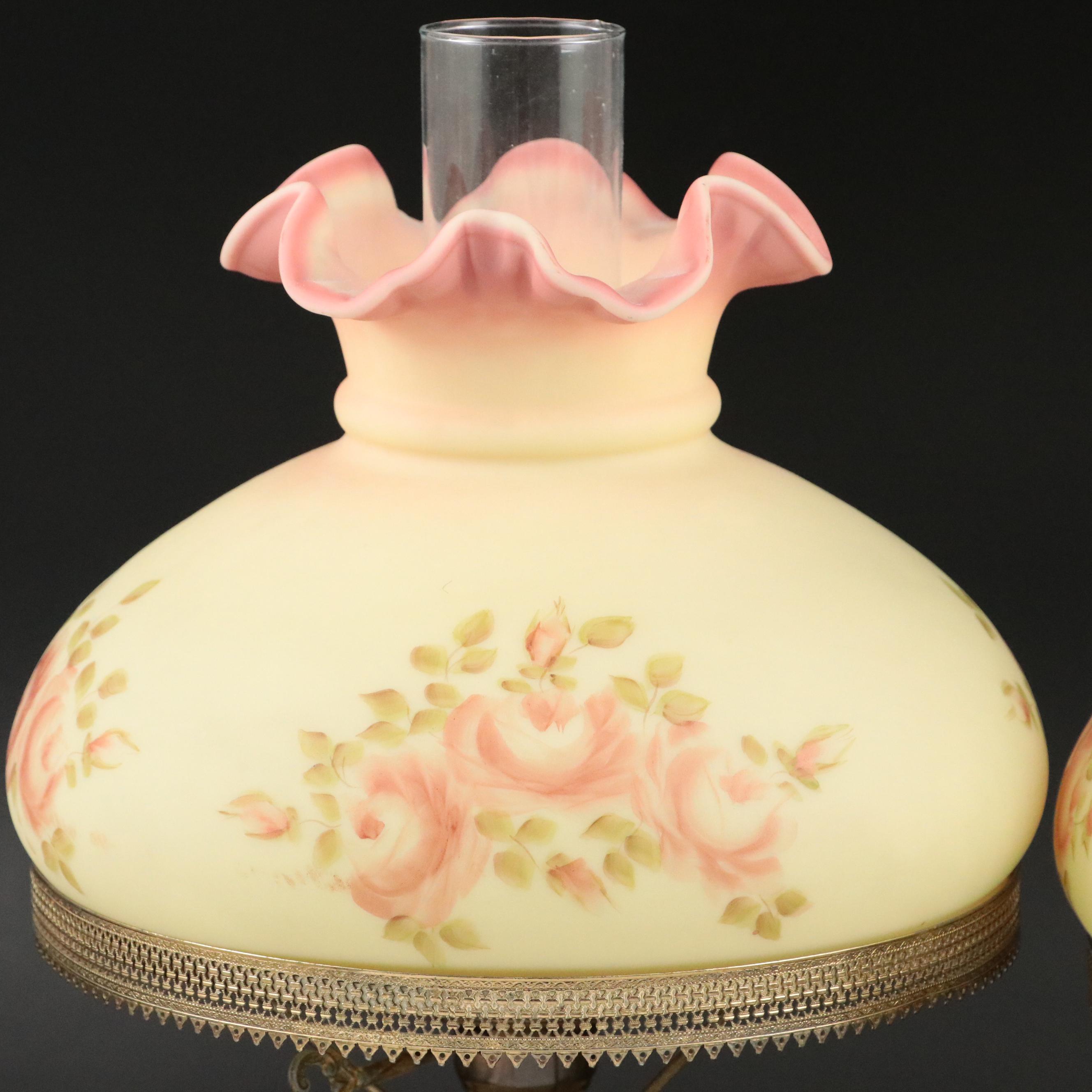 Fenton Burmese Hand-Painted Glass and Brass Student Lamps, Mid/ Late 20th C