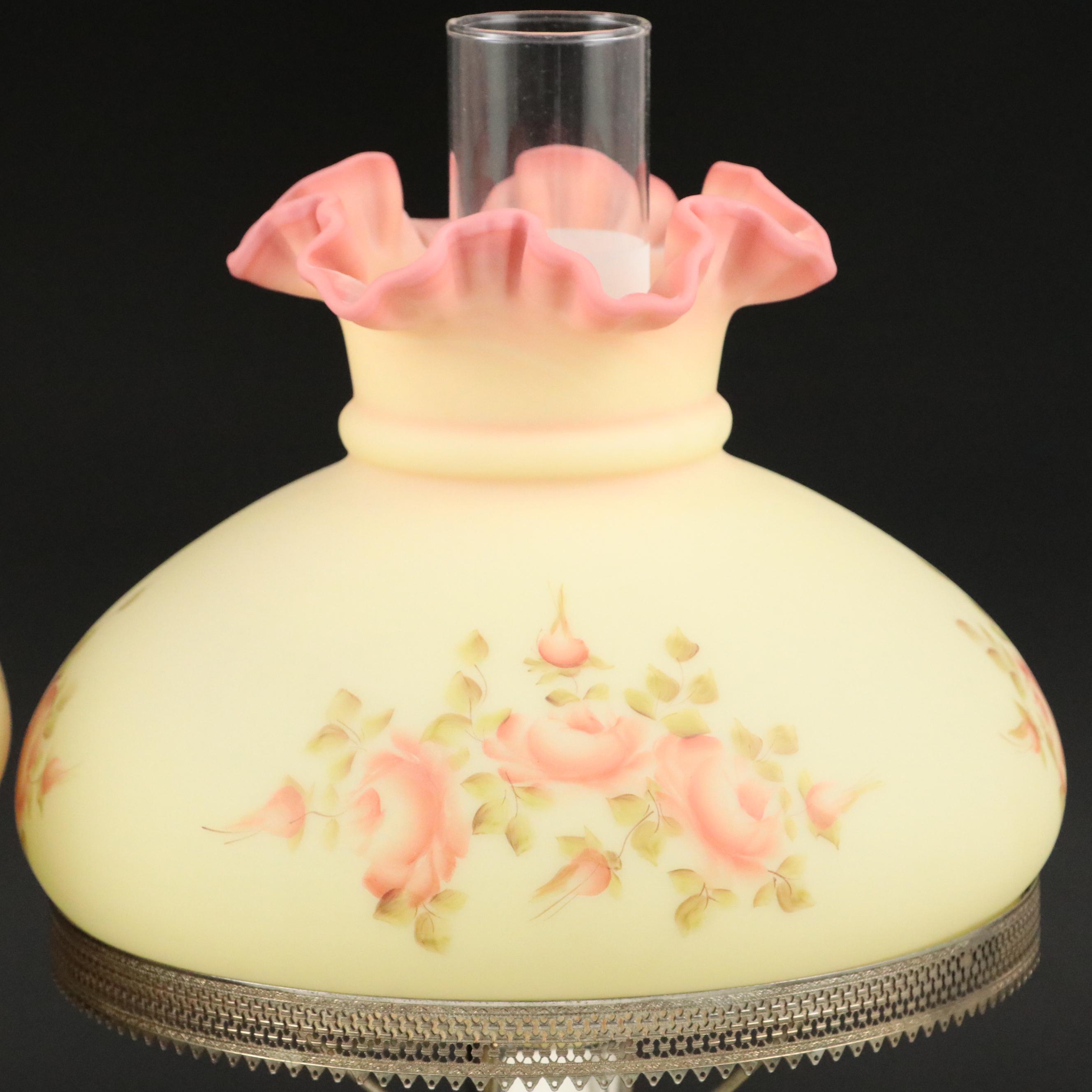 Fenton Burmese Hand-Painted Glass and Brass Student Lamps, Mid/ Late 20th C