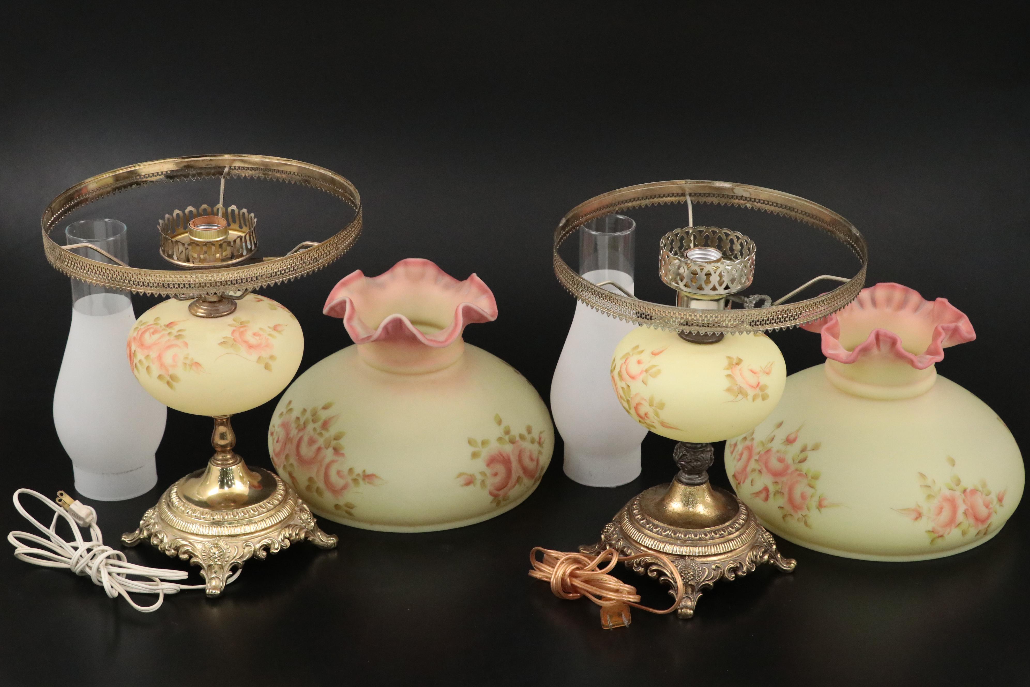 Fenton Burmese Hand-Painted Glass and Brass Student Lamps, Mid/ Late 20th C