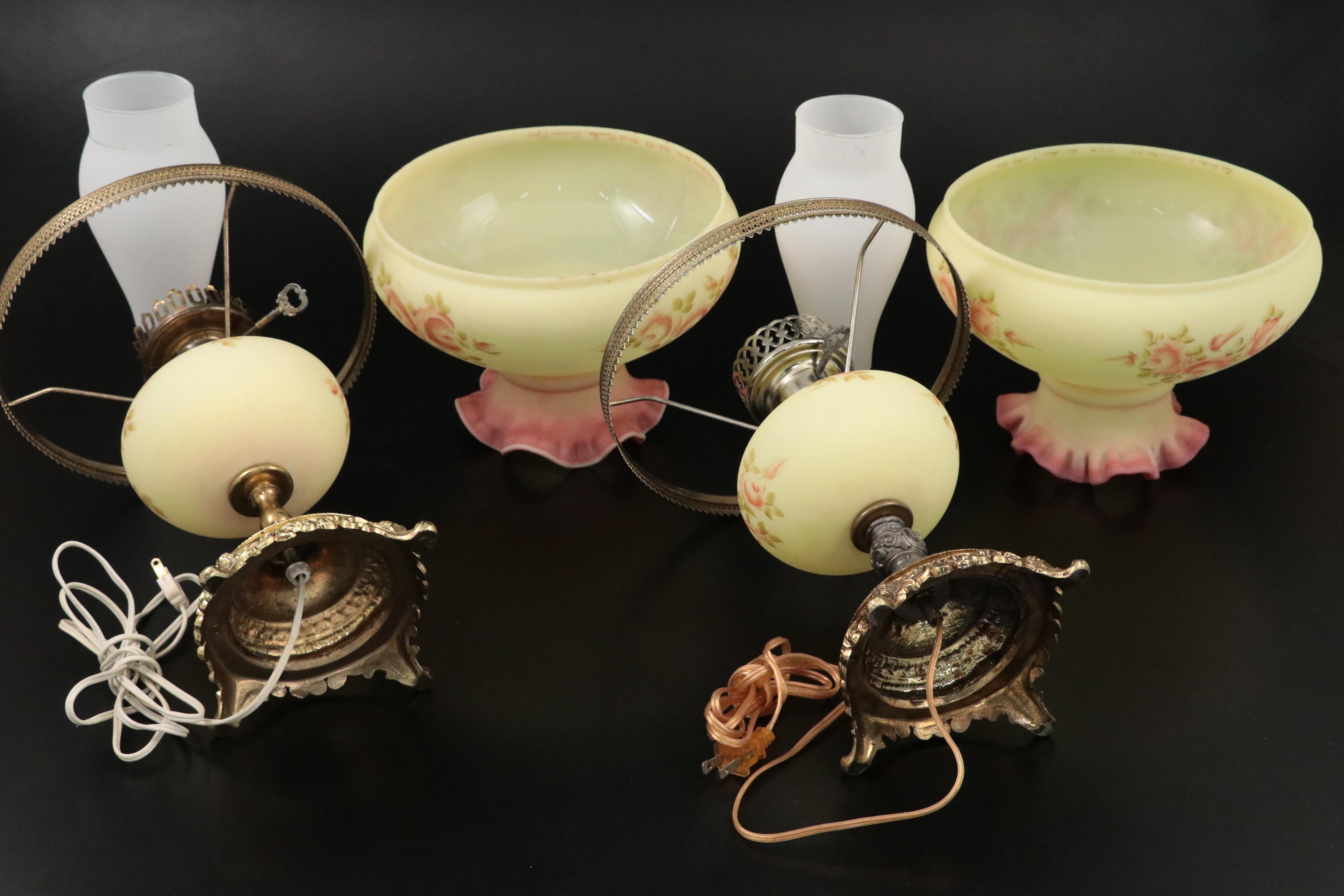 Fenton Burmese Hand-Painted Glass and Brass Student Lamps, Mid/ Late 20th C