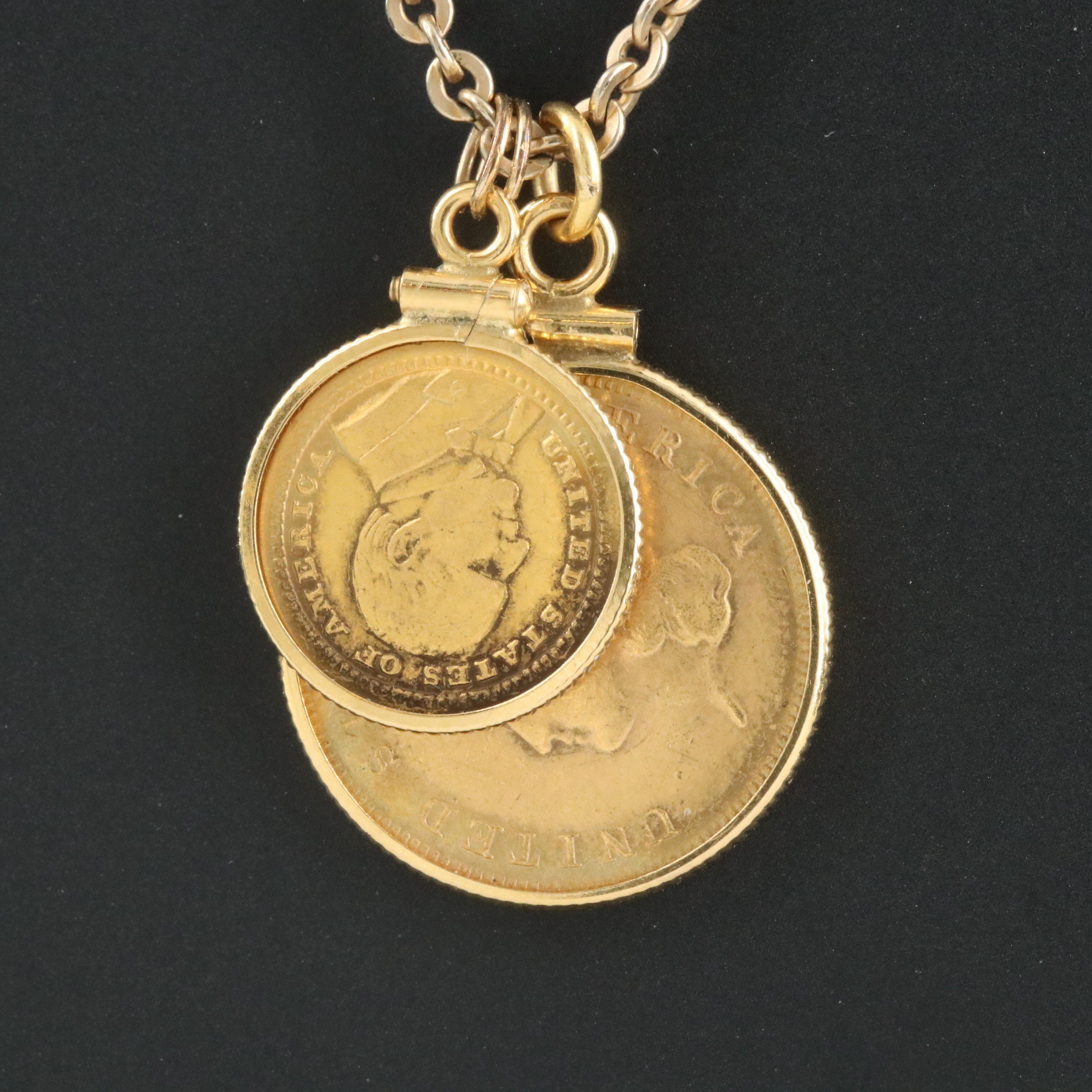 1855 U.S. Three Dollar Gold Coin and 1903 One Dollar Gold Coin on a 14 K Chain