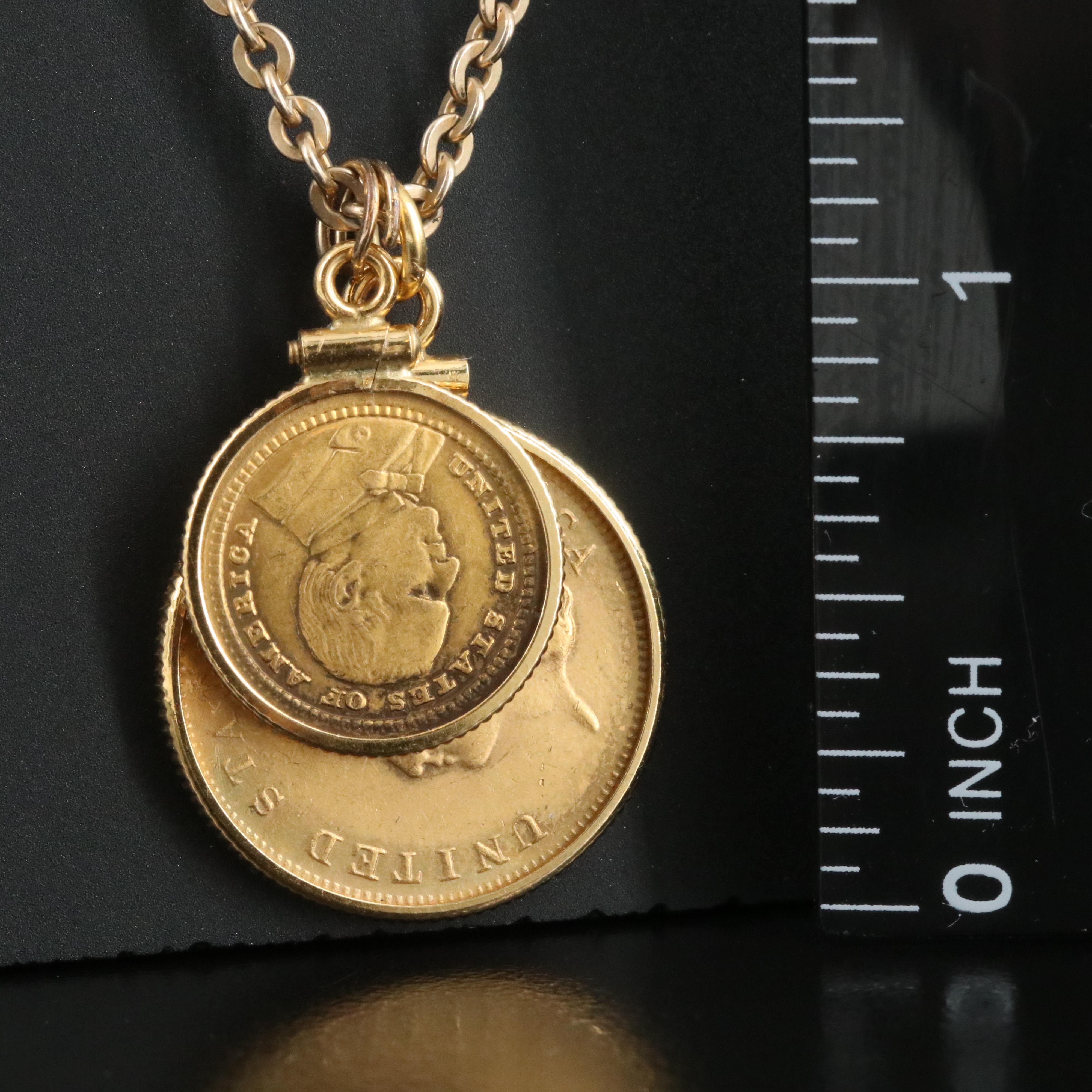 1855 U.S. Three Dollar Gold Coin and 1903 One Dollar Gold Coin on a 14 K Chain