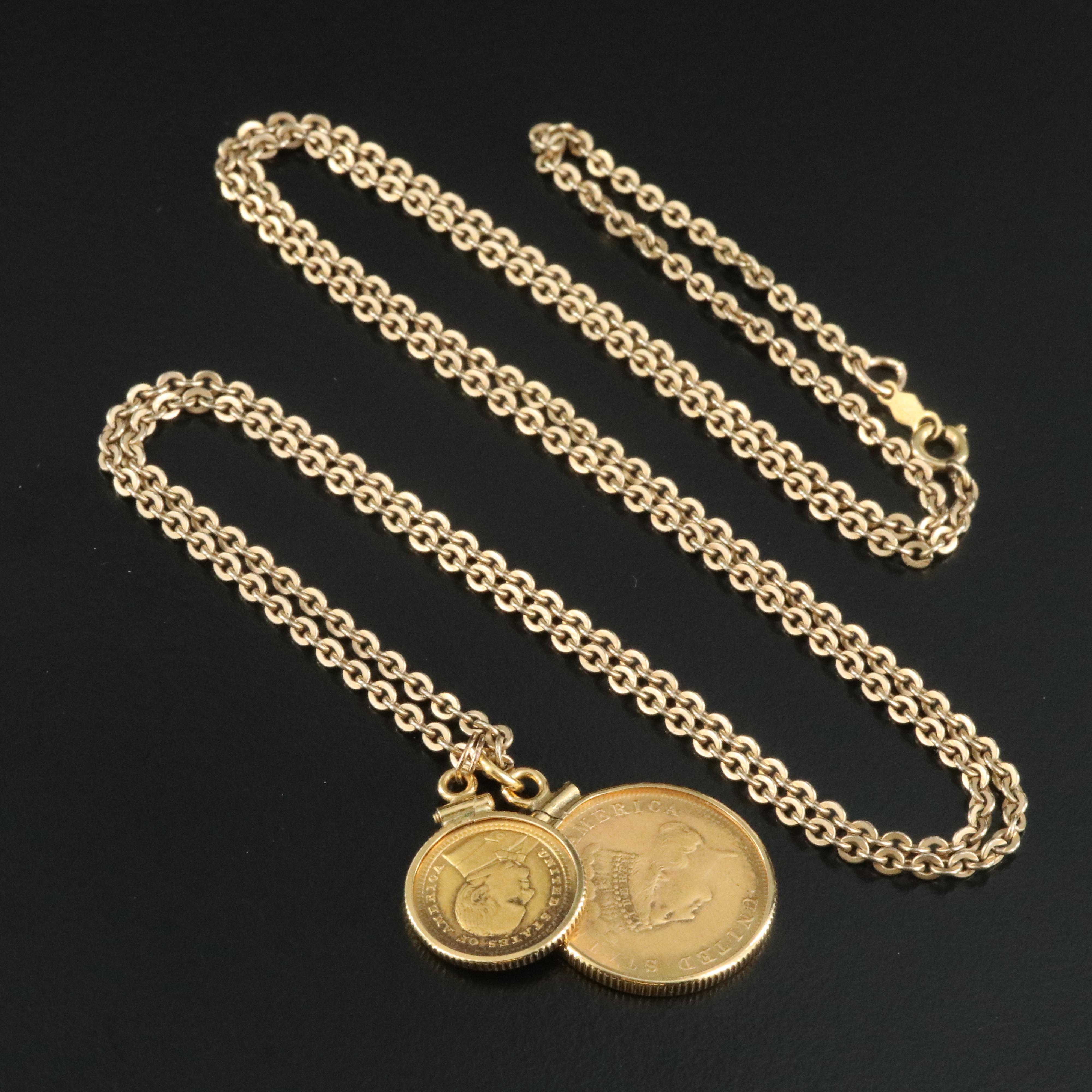 1855 U.S. Three Dollar Gold Coin and 1903 One Dollar Gold Coin on a 14 K Chain