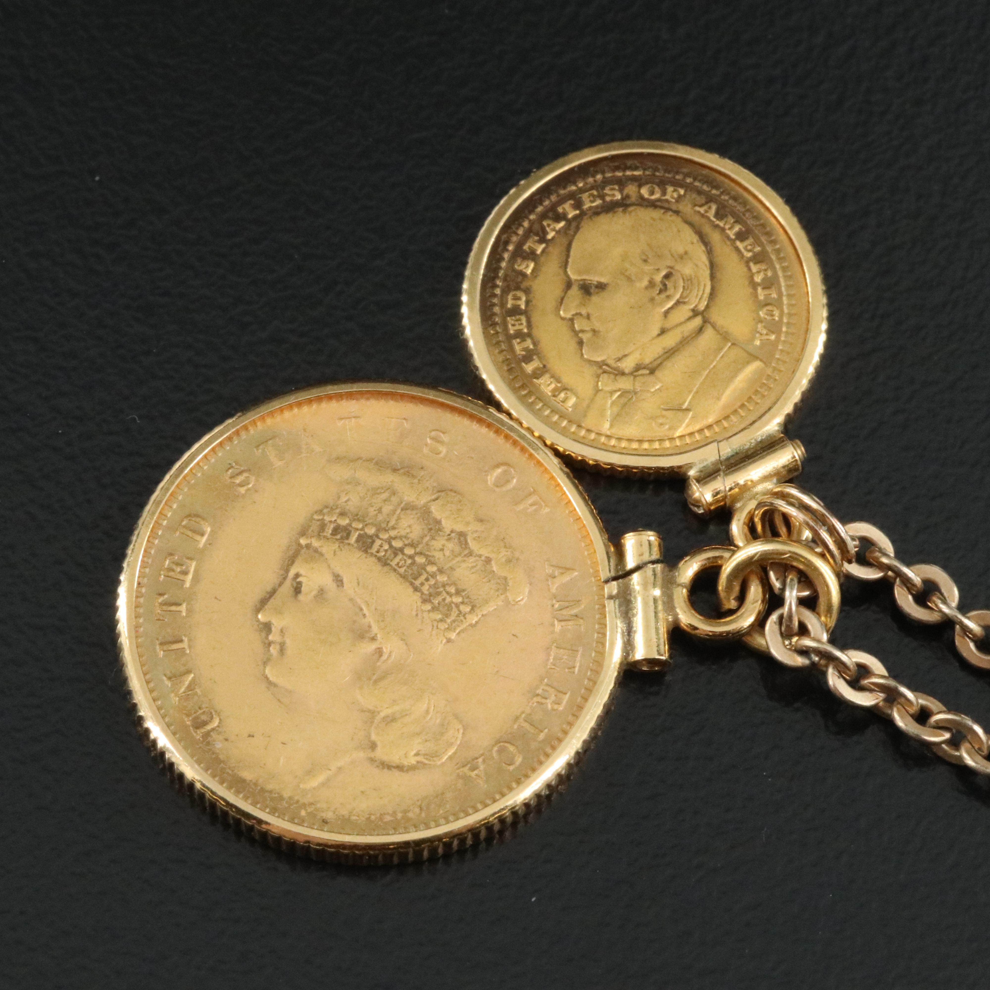 1855 U.S. Three Dollar Gold Coin and 1903 One Dollar Gold Coin on a 14 K Chain