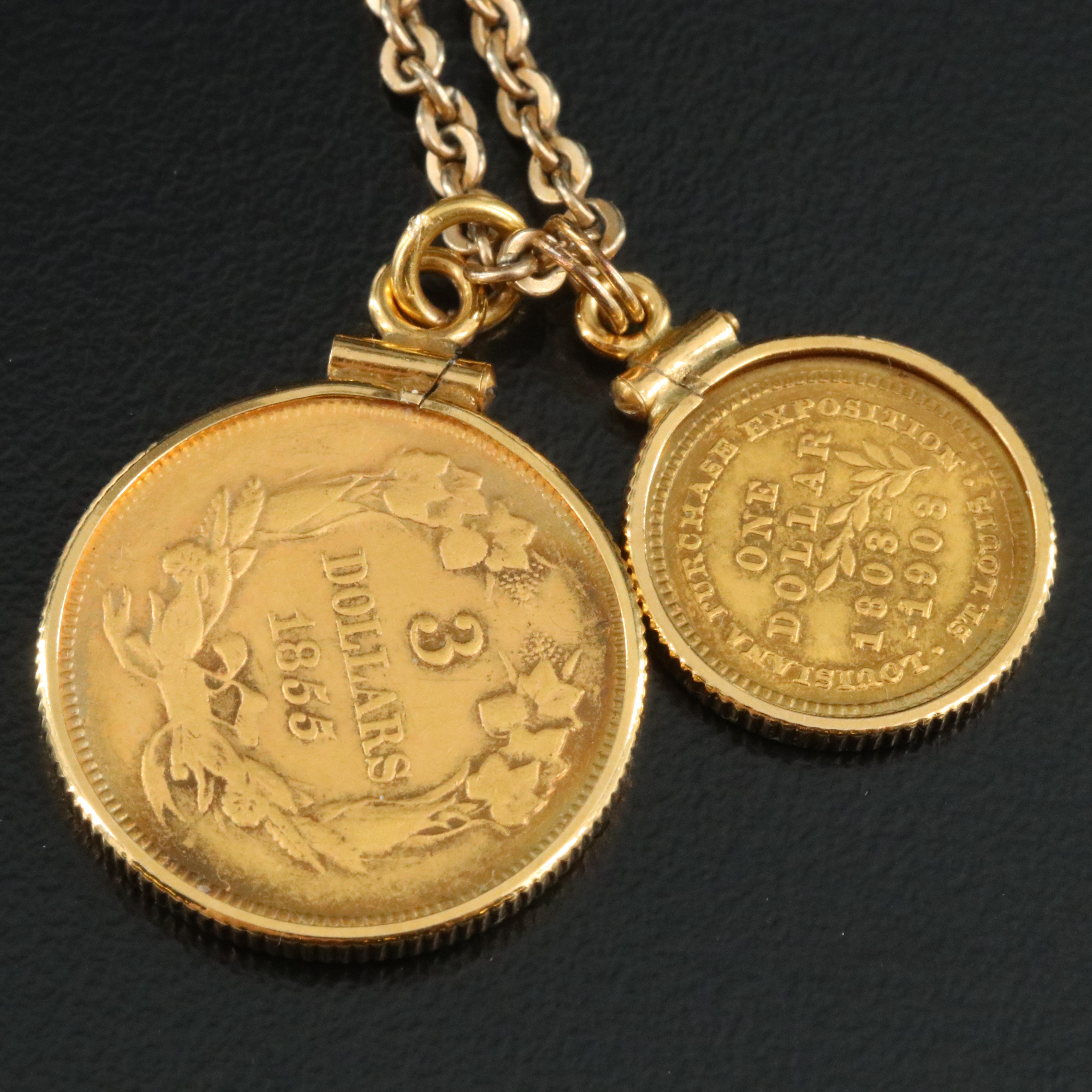 1855 U.S. Three Dollar Gold Coin and 1903 One Dollar Gold Coin on a 14 K Chain