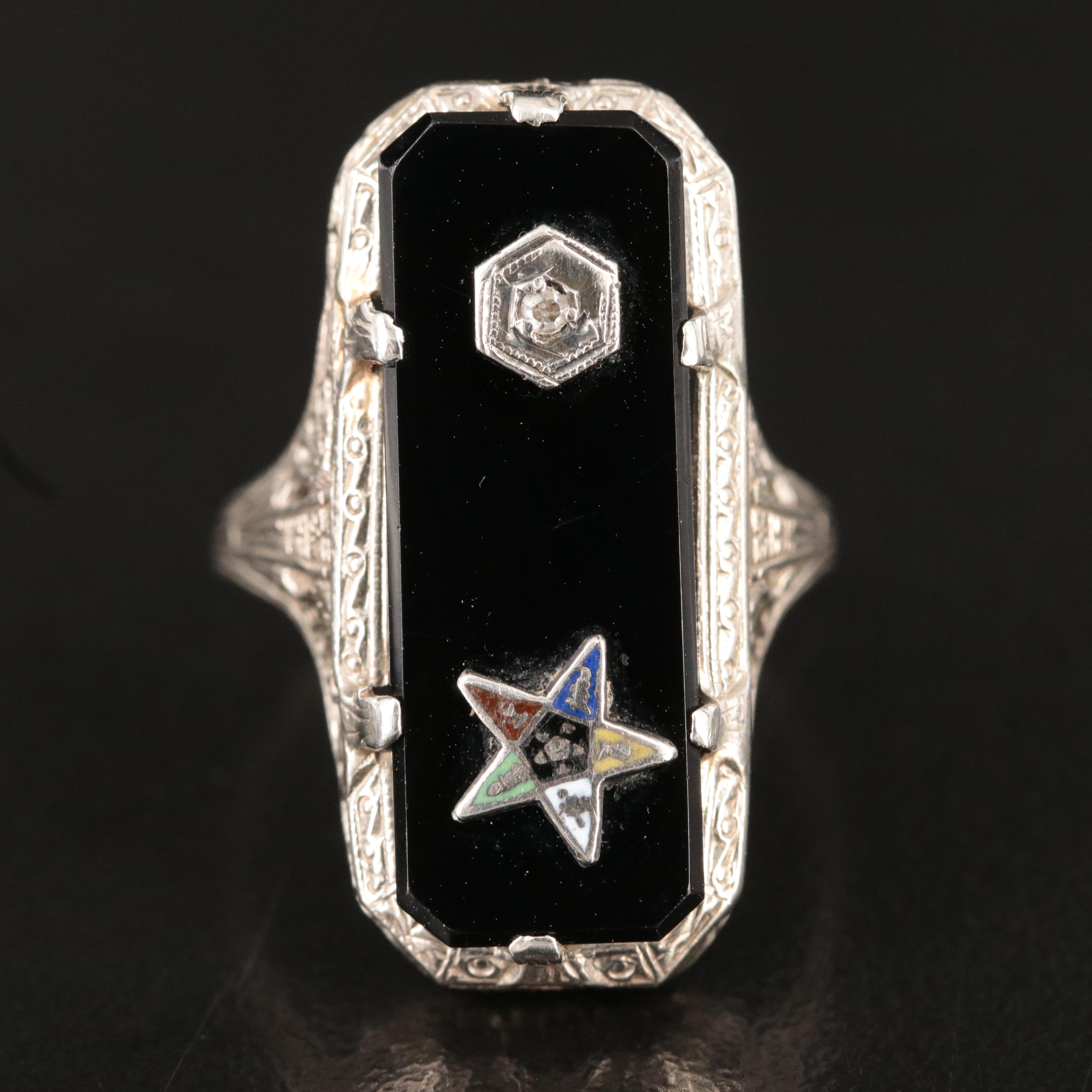Vintage Masonic Eastern Star Ring with Black Onyx, Diamond and Enamel