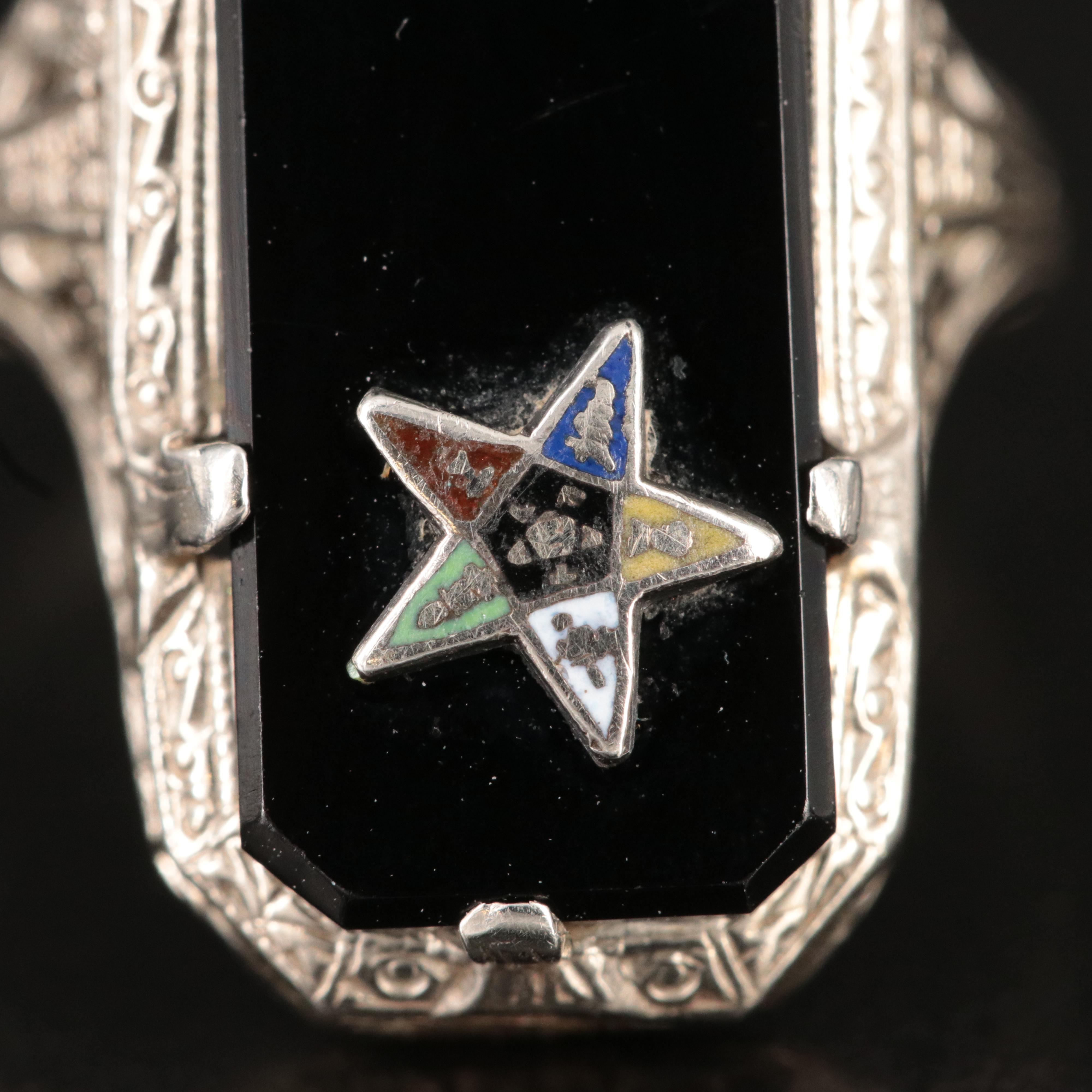 Vintage Masonic Eastern Star Ring with Black Onyx, Diamond and Enamel