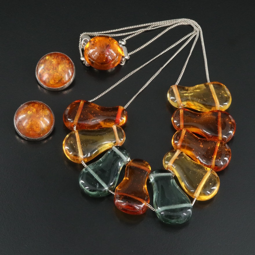 Sent Murano Glass Necklace and Sterling Amber Button Earrings