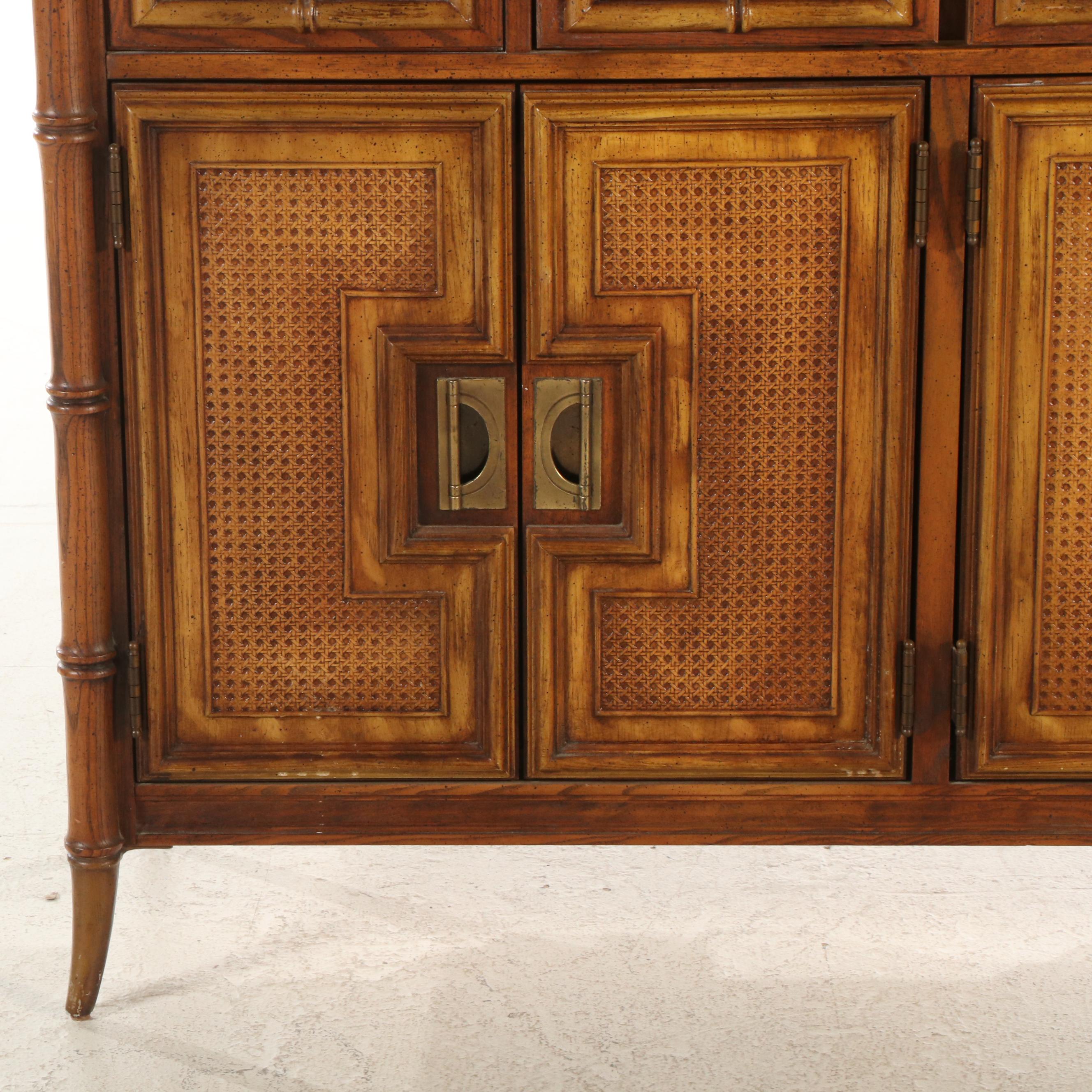 Stanley Furniture Faux Bamboo Oak, Cane and Glass Illuminated China Cabinet