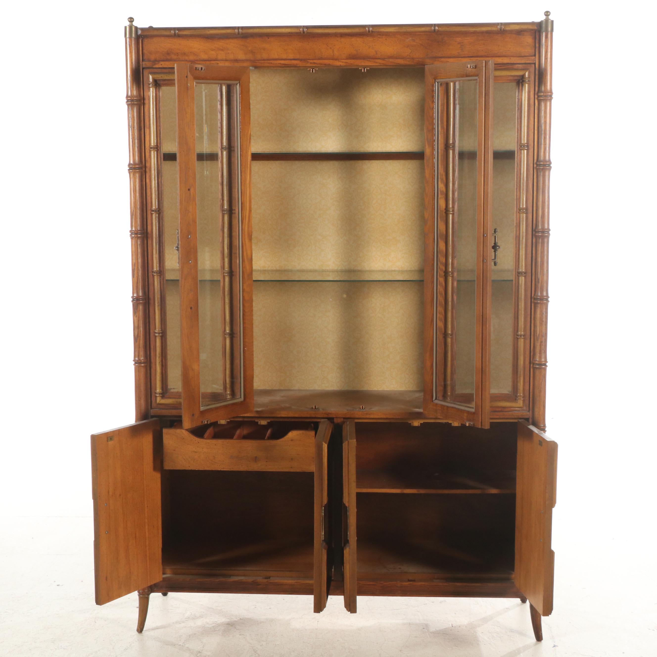 Stanley Furniture Faux Bamboo Oak, Cane and Glass Illuminated China Cabinet
