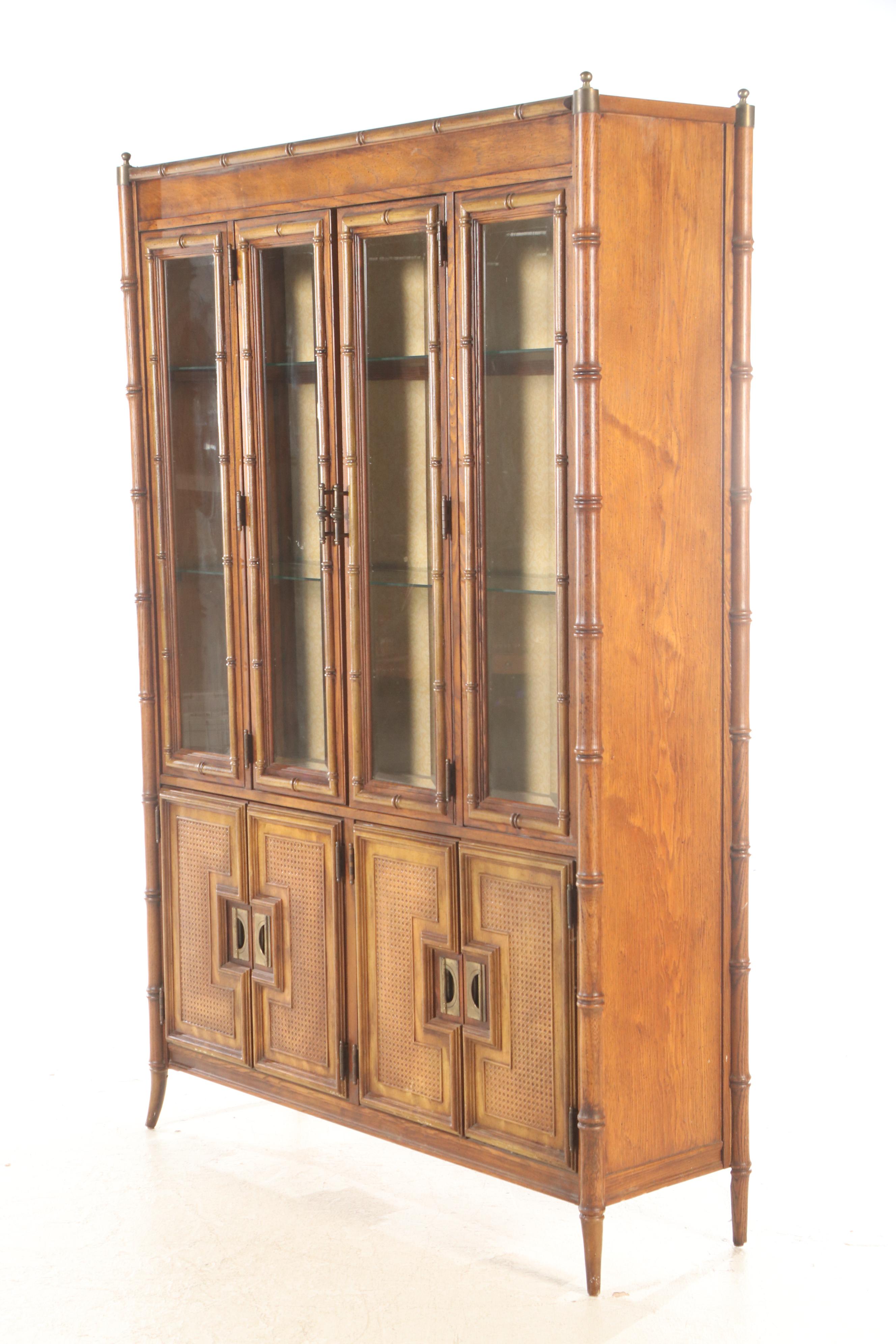 Stanley Furniture Faux Bamboo Oak, Cane and Glass Illuminated China Cabinet