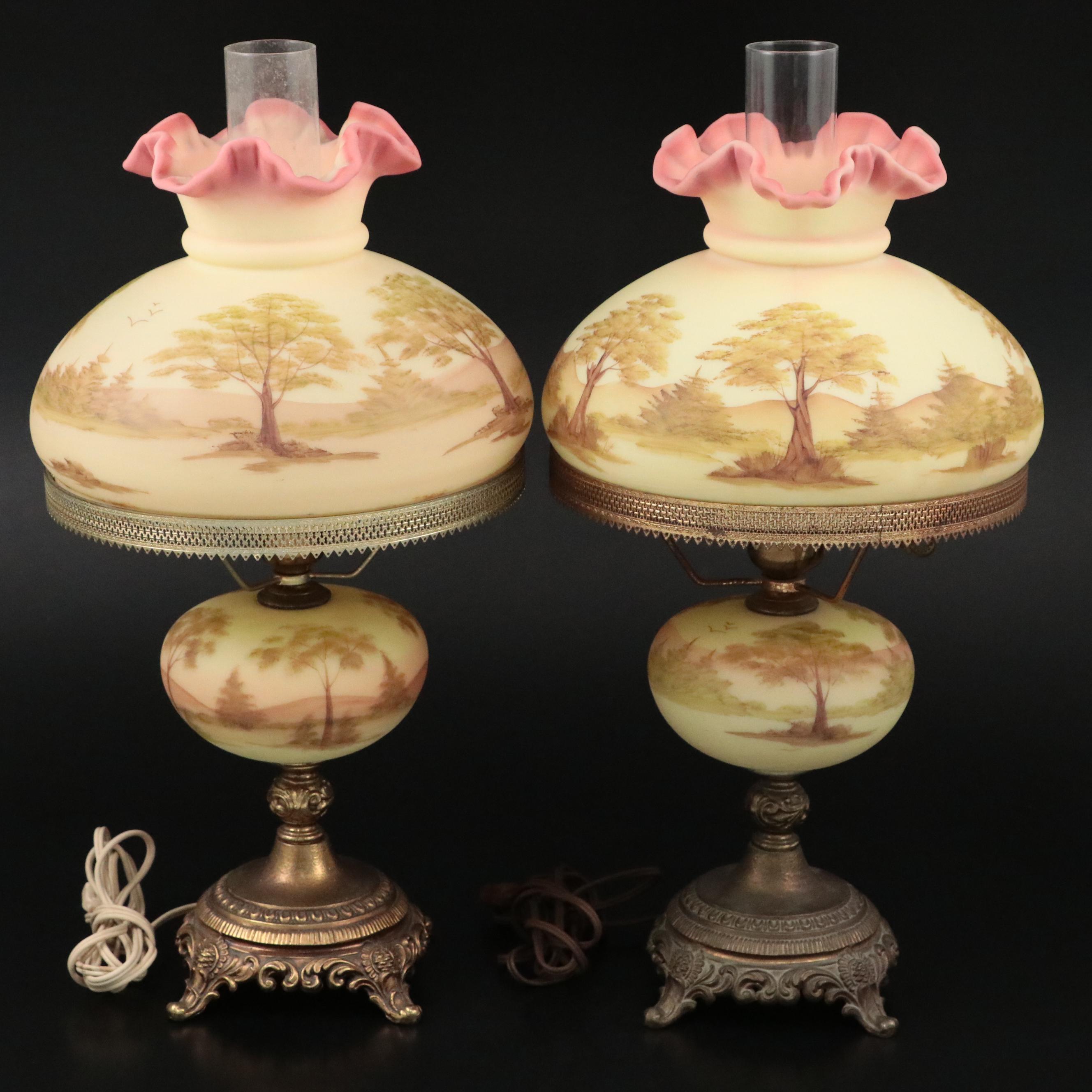 Fenton Burmese "Trees Scene" Hand-Painted Student Lamps, 1990s