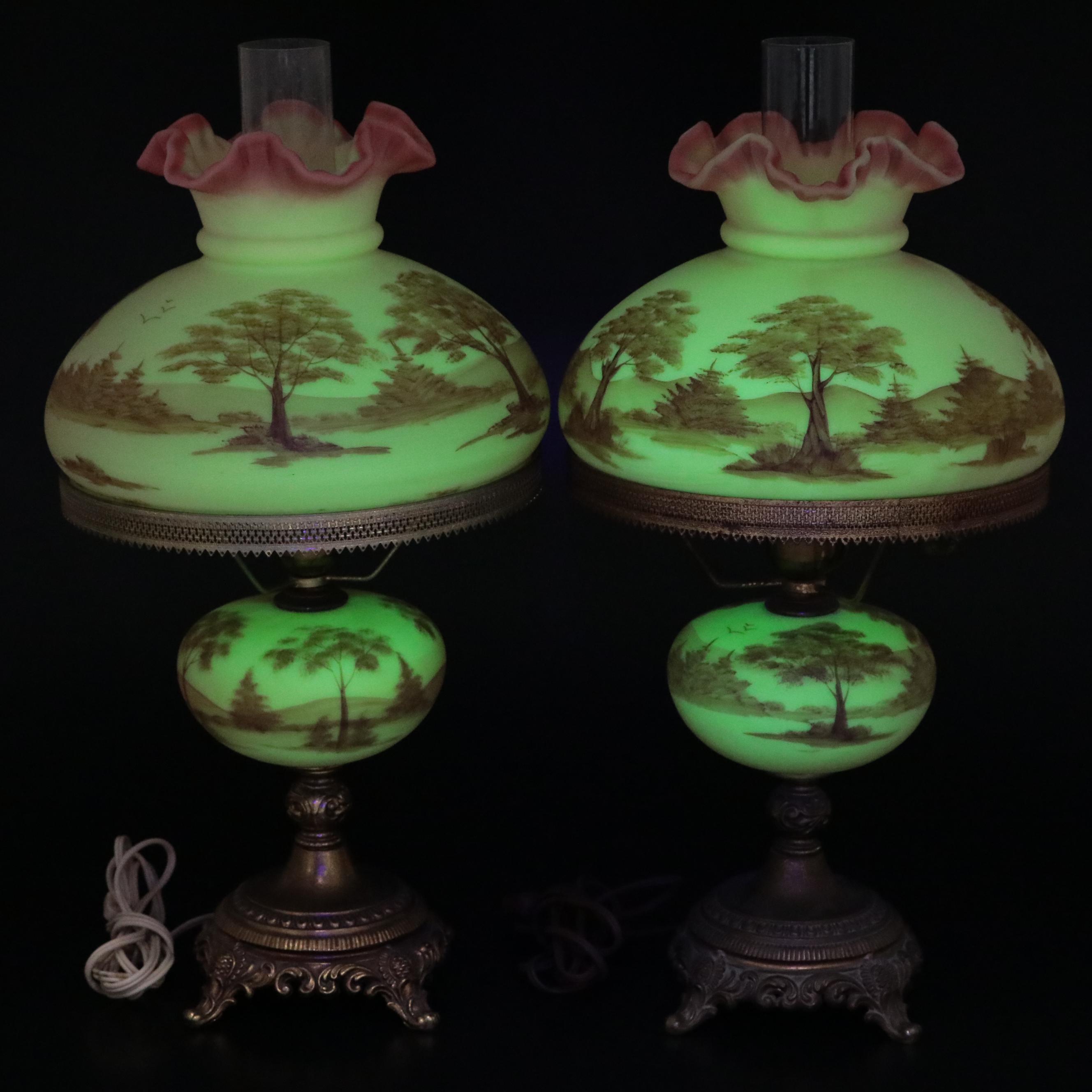 Fenton Burmese "Trees Scene" Hand-Painted Student Lamps, 1990s