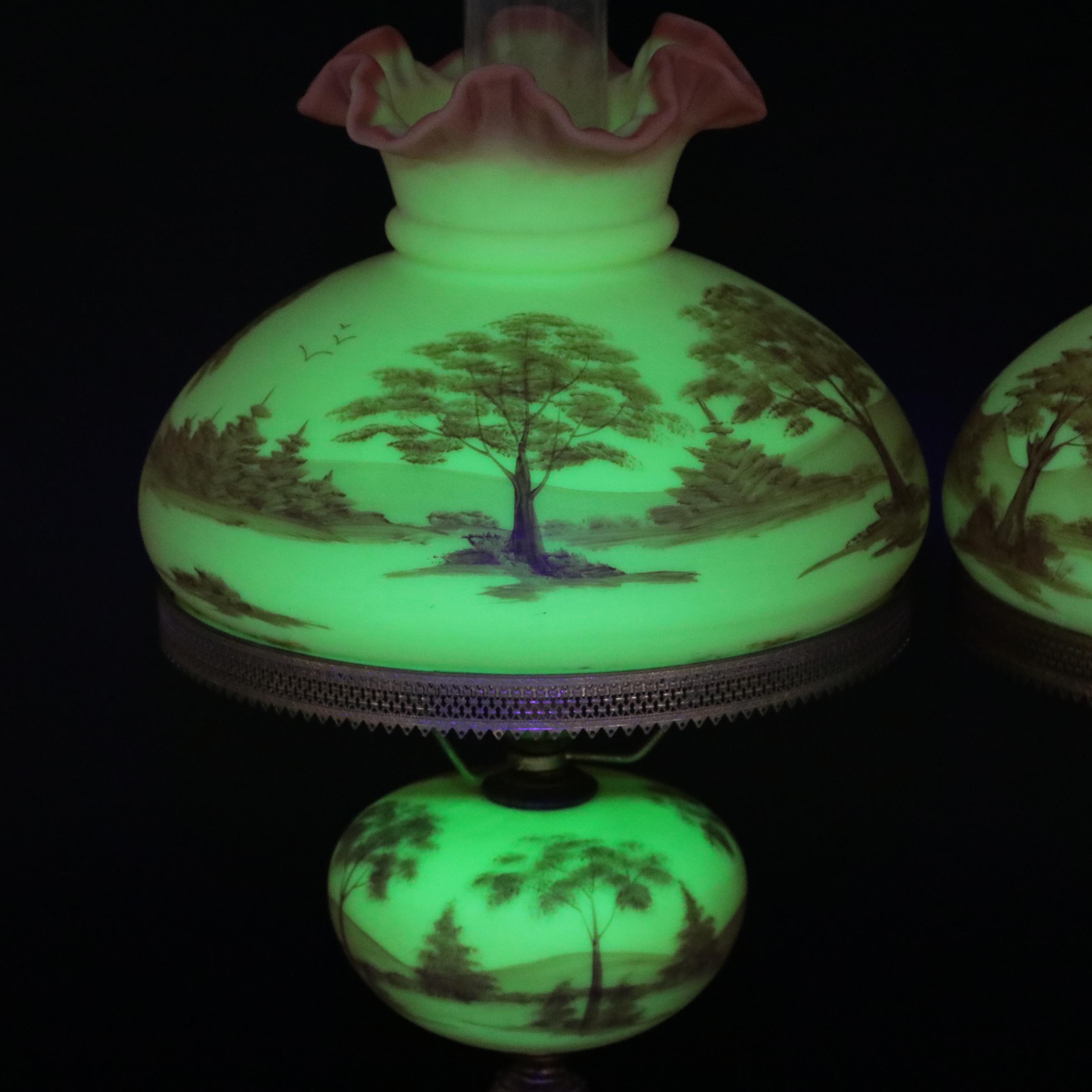 Fenton Burmese "Trees Scene" Hand-Painted Student Lamps, 1990s