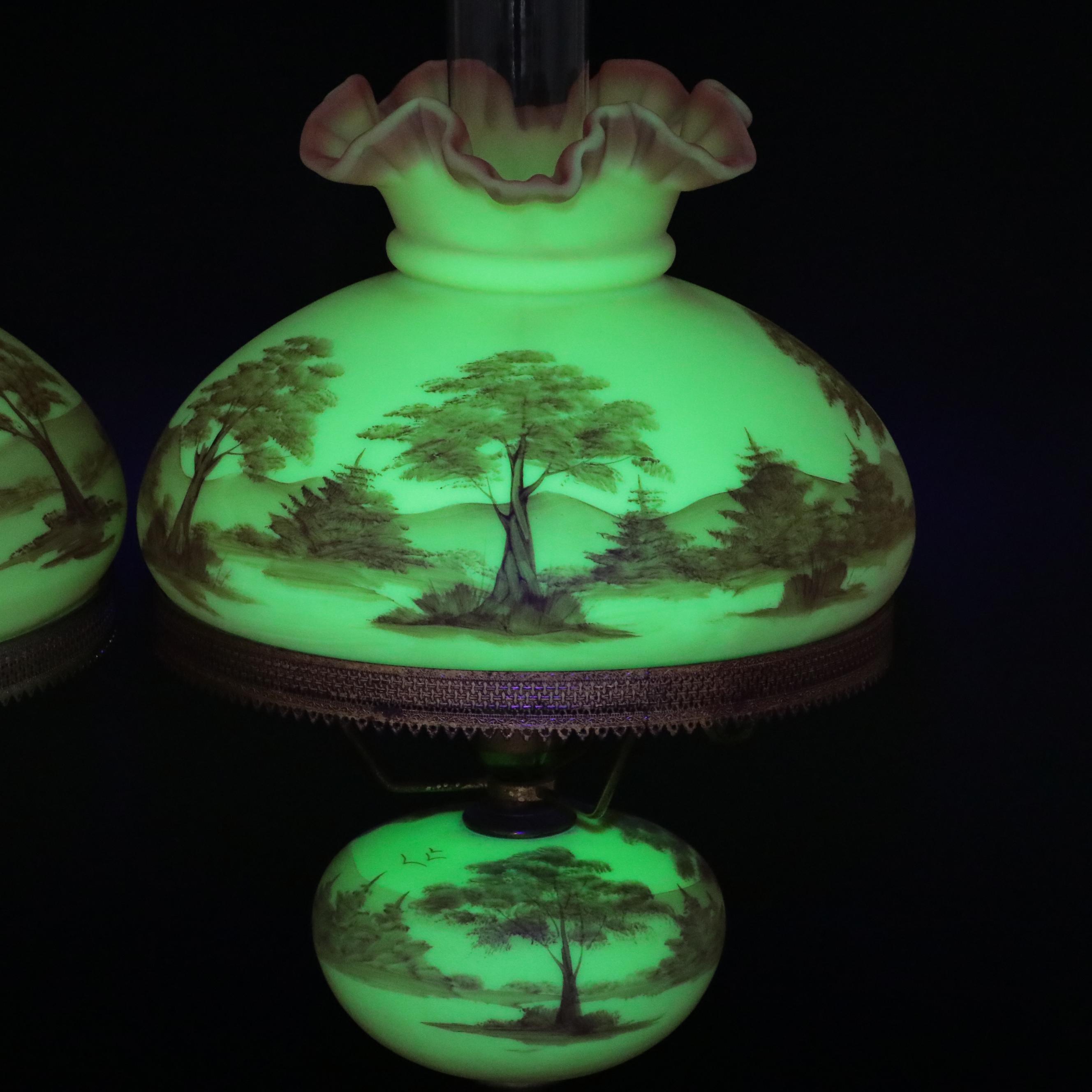 Fenton Burmese "Trees Scene" Hand-Painted Student Lamps, 1990s