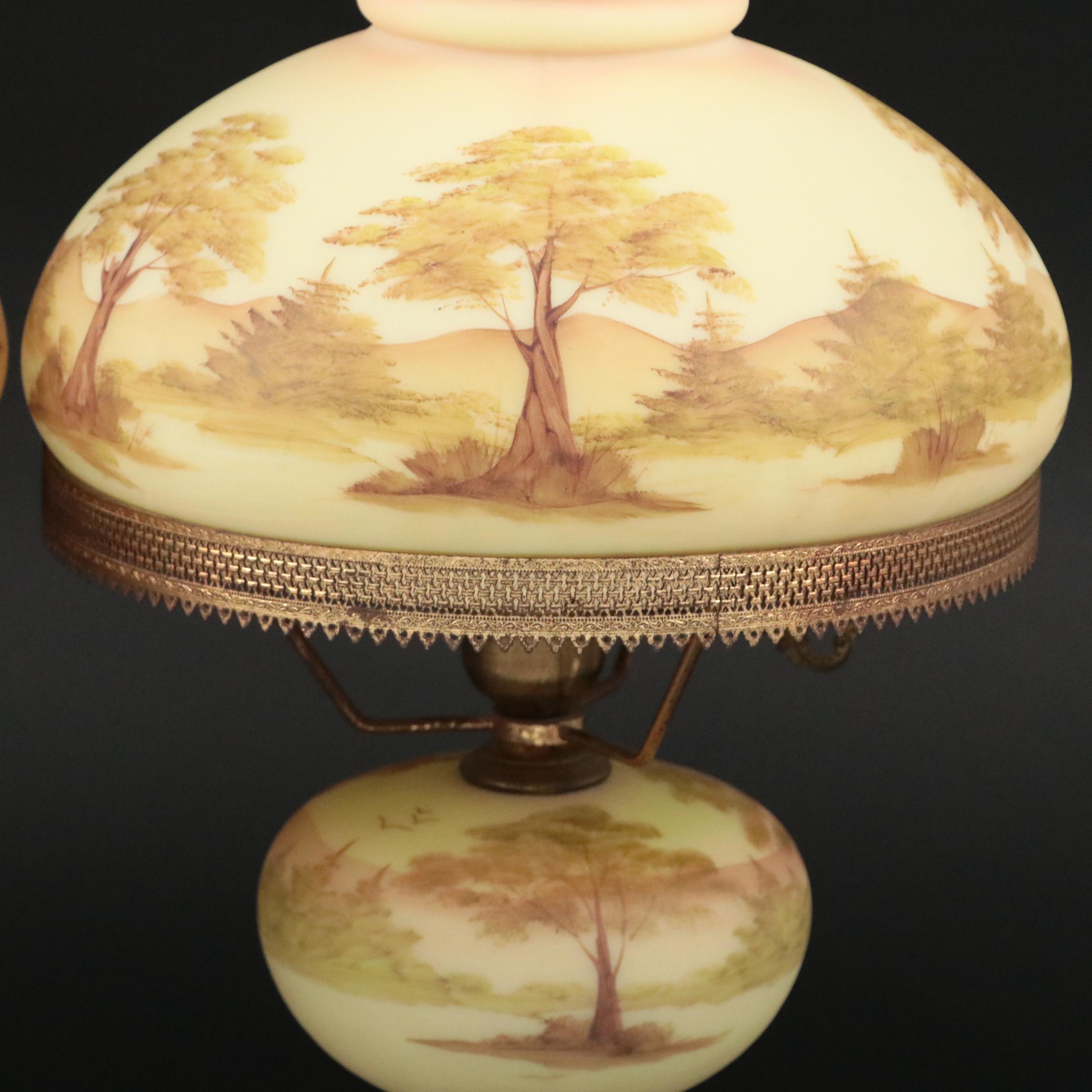 Fenton Burmese "Trees Scene" Hand-Painted Student Lamps, 1990s