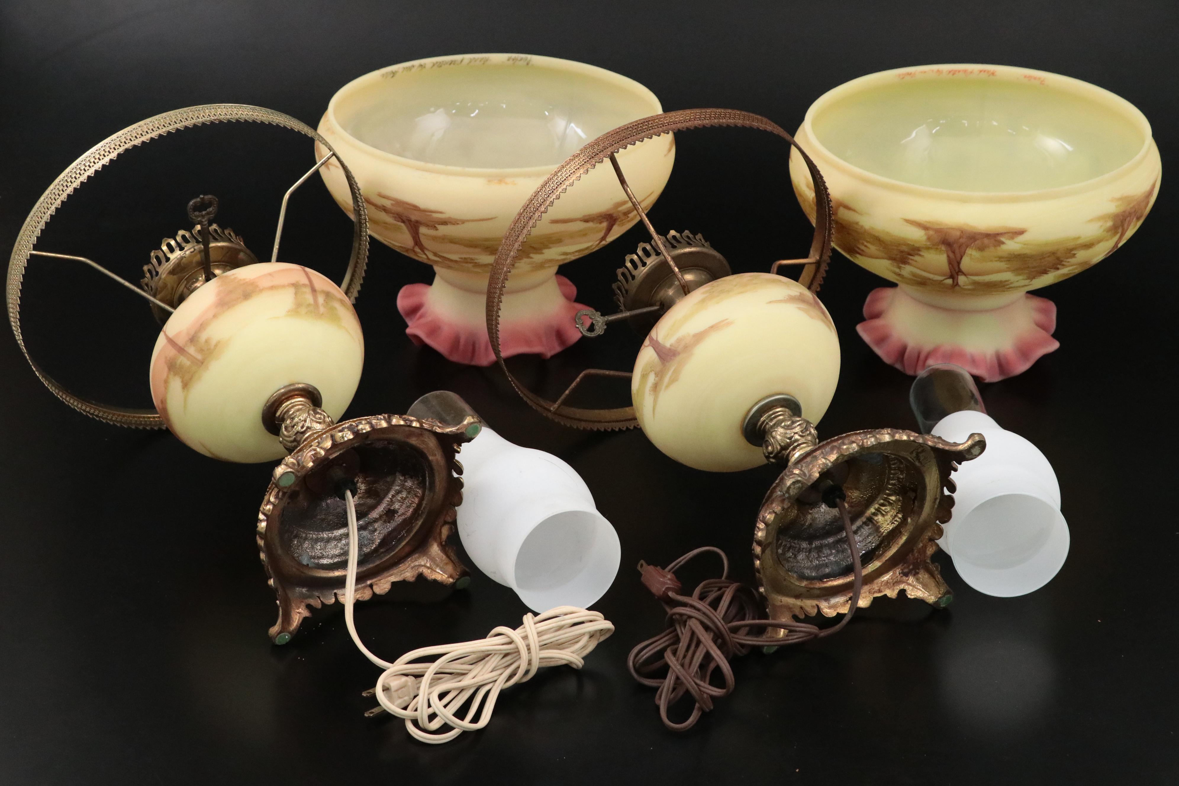 Fenton Burmese "Trees Scene" Hand-Painted Student Lamps, 1990s