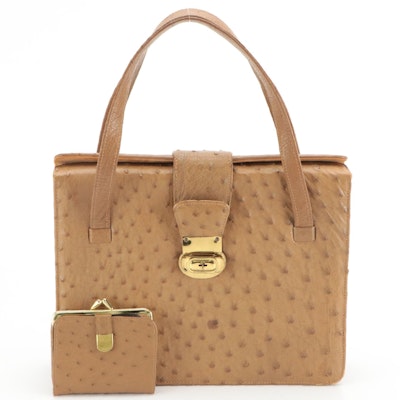 Fiorenza Vintage Brown Ostrich Leather Handbag and Kiss-Lock Bifold Wallet