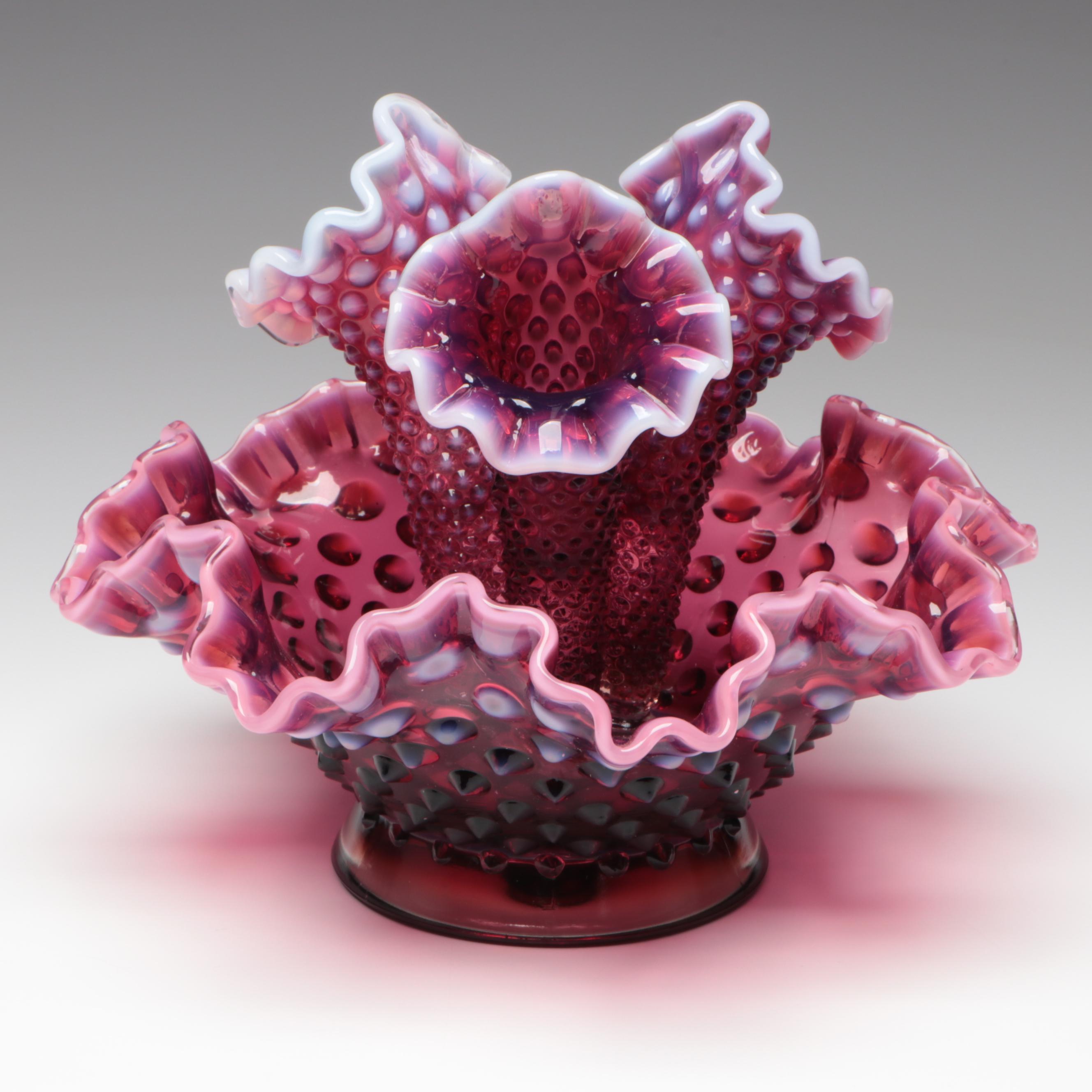 Fenton Hobnail Plum Opalescent Blown Glass Epergne