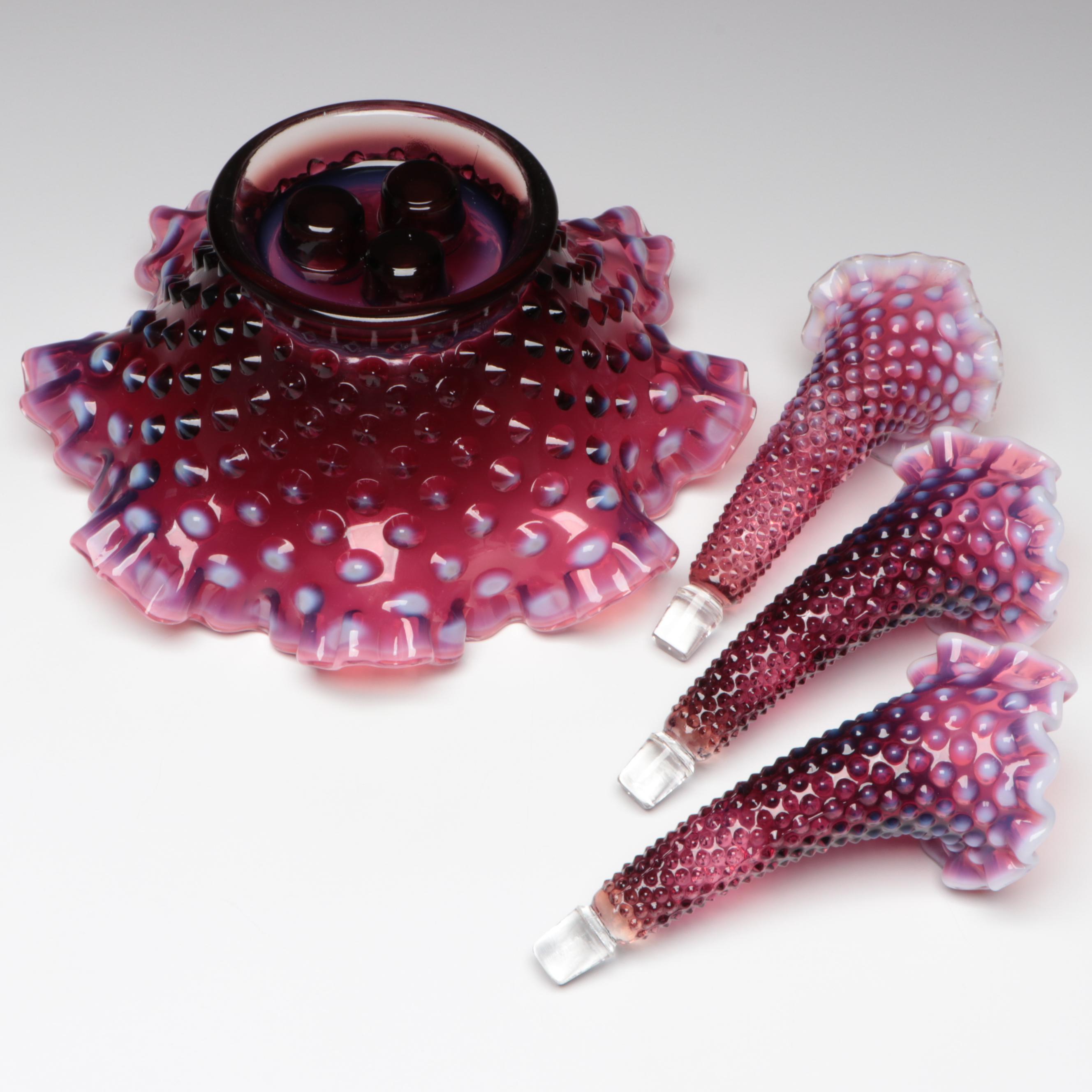 Fenton Hobnail Plum Opalescent Blown Glass Epergne
