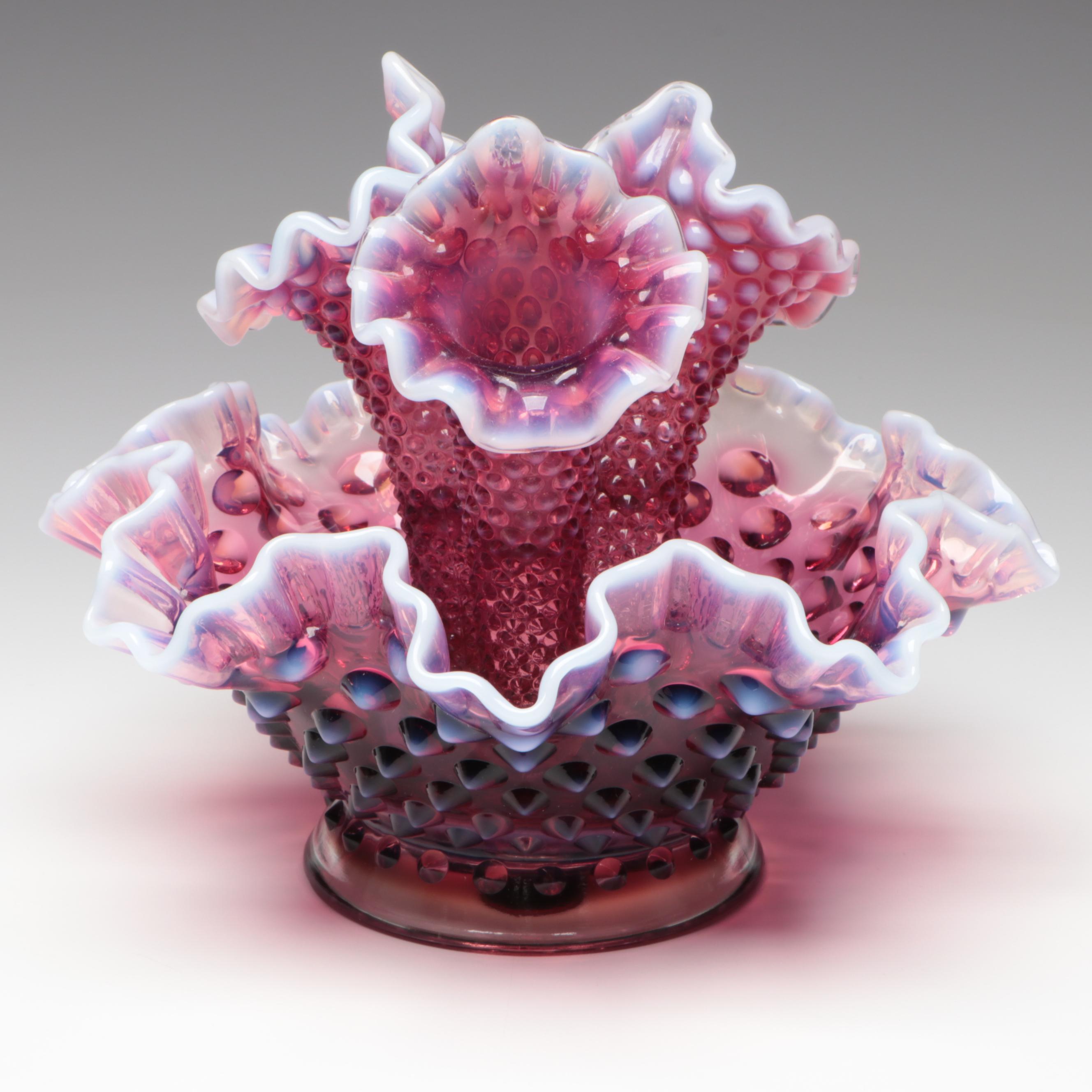 Fenton Hobnail Plum Opalescent Mold Blown Glass Epergne