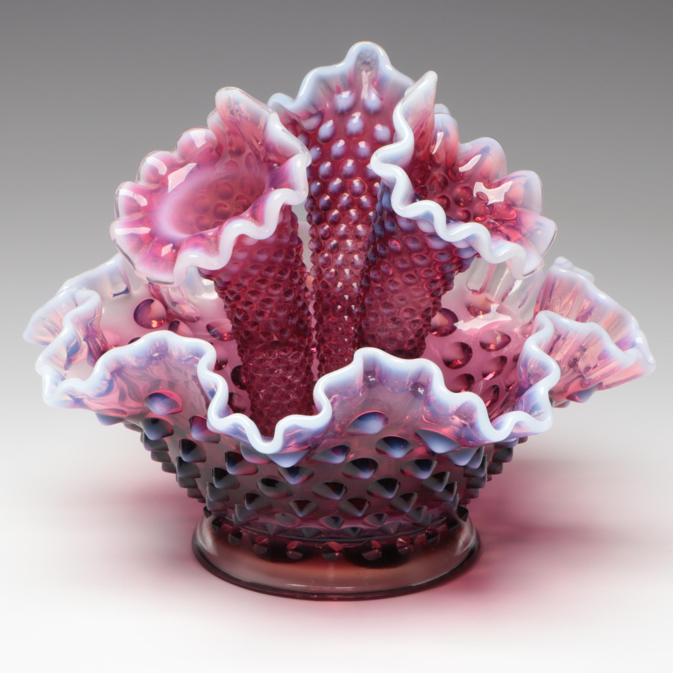 Fenton Hobnail Plum Opalescent Mold Blown Glass Epergne