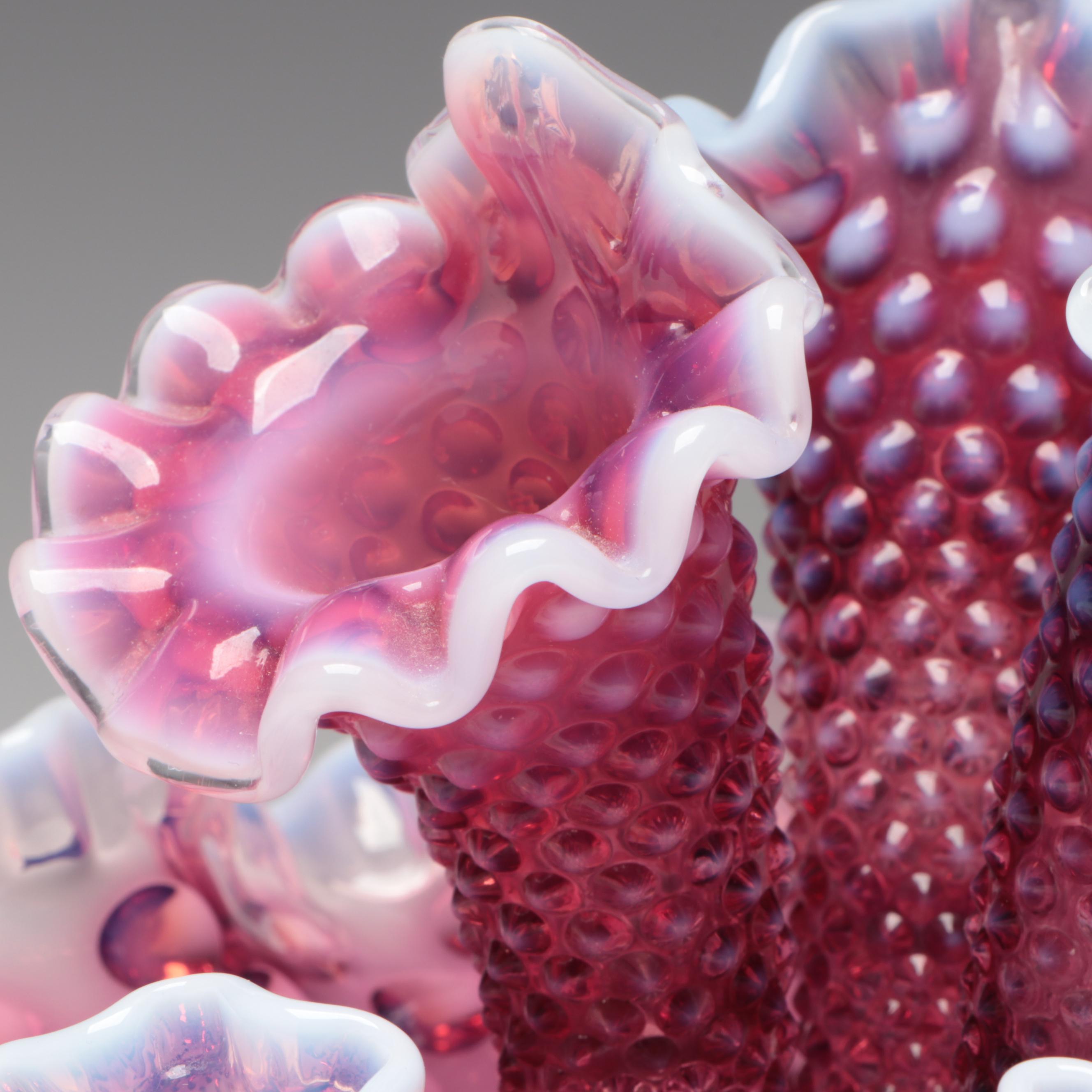 Fenton Hobnail Plum Opalescent Mold Blown Glass Epergne
