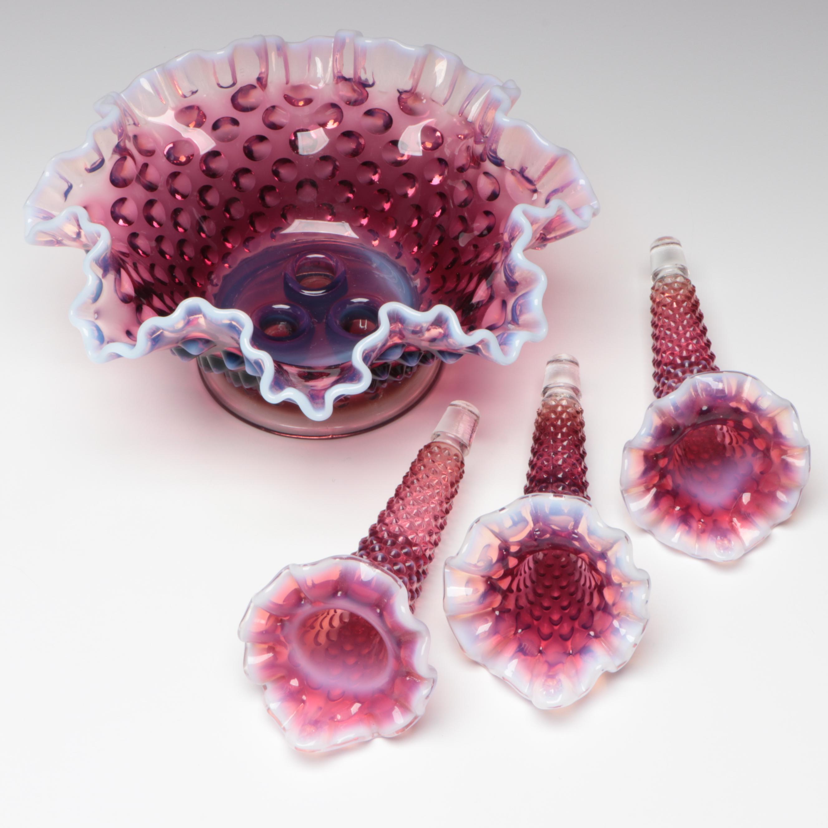 Fenton Hobnail Plum Opalescent Mold Blown Glass Epergne