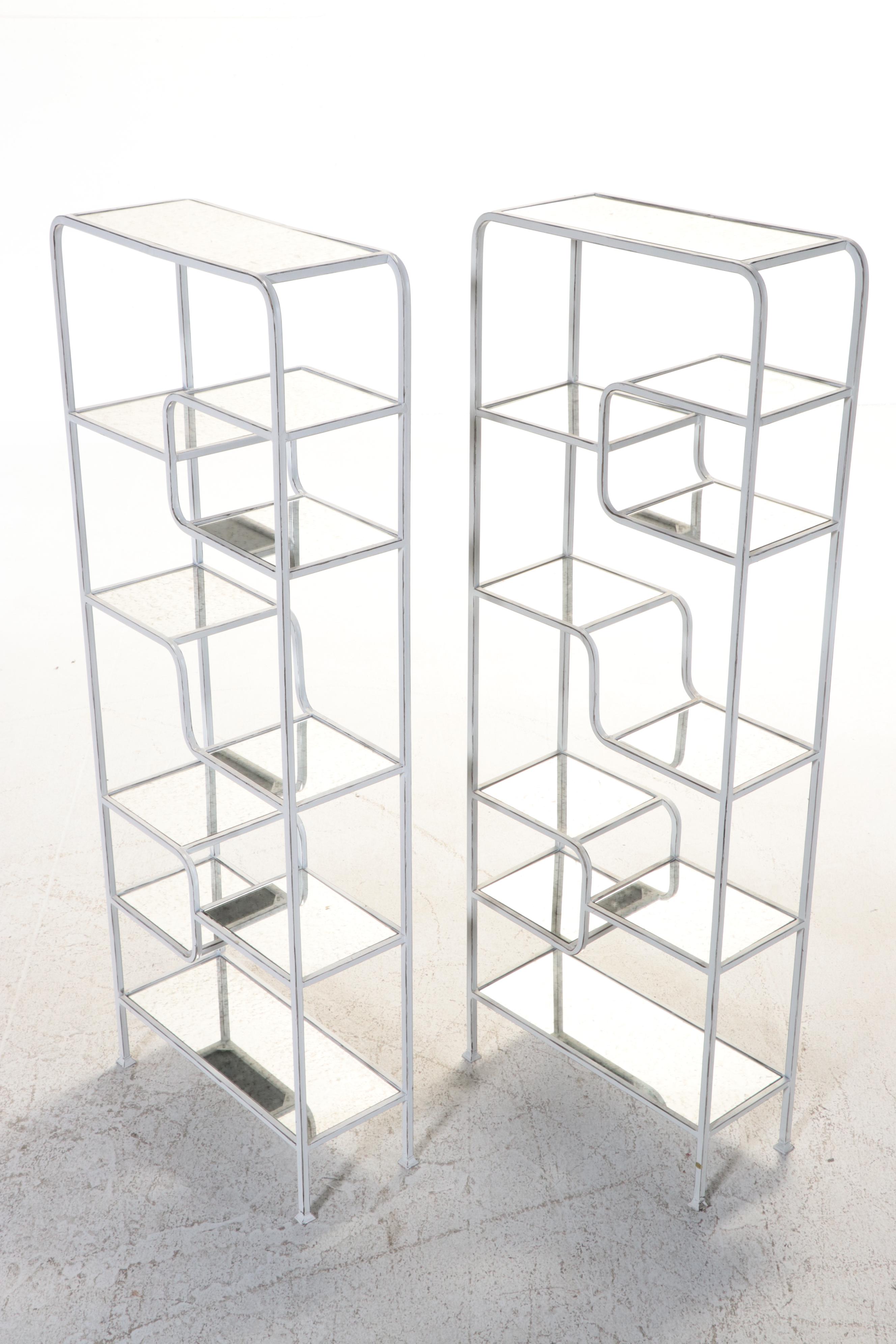 Pair of Modernist Metal and Mirror Stage Étagère Shelves